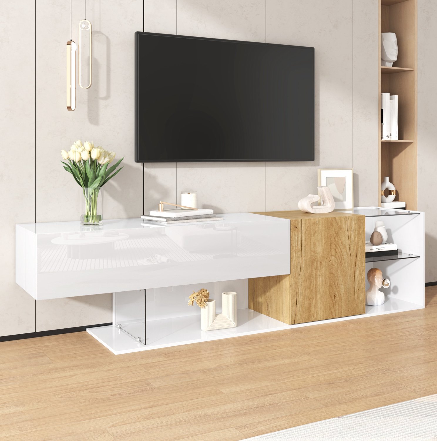 Maisentiel Tv-meubel 180 cm - wit met houtlook - glazen planken en opbergruimte