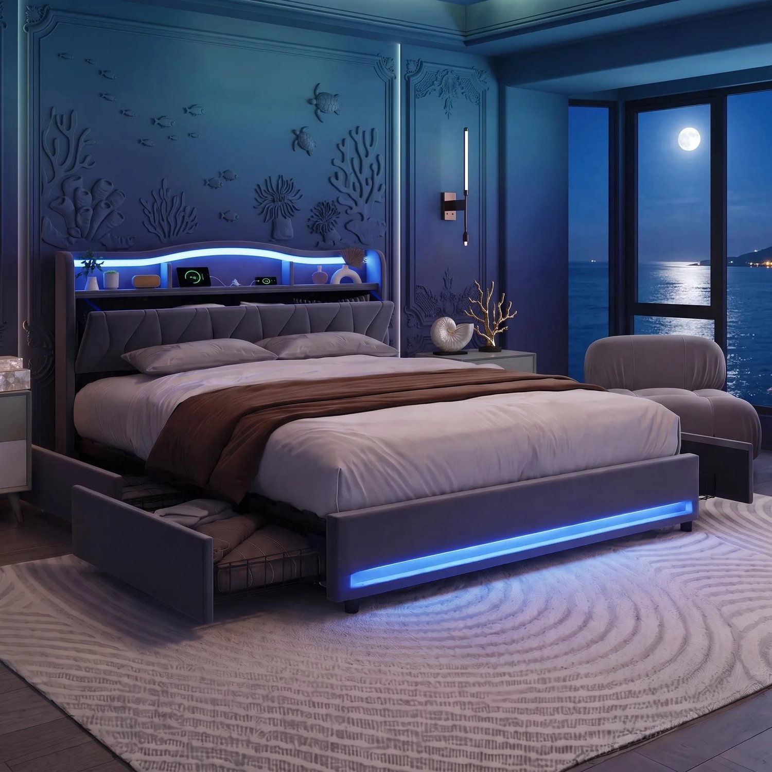 MEXUS Tweepersoonsbed Gestoffeerd bed 160x200 cm met LED en USB, jeugdbed met opbergruimte en lattenbodem,4 laden,opbergbed,Fluwelen Grijs, zonder matras