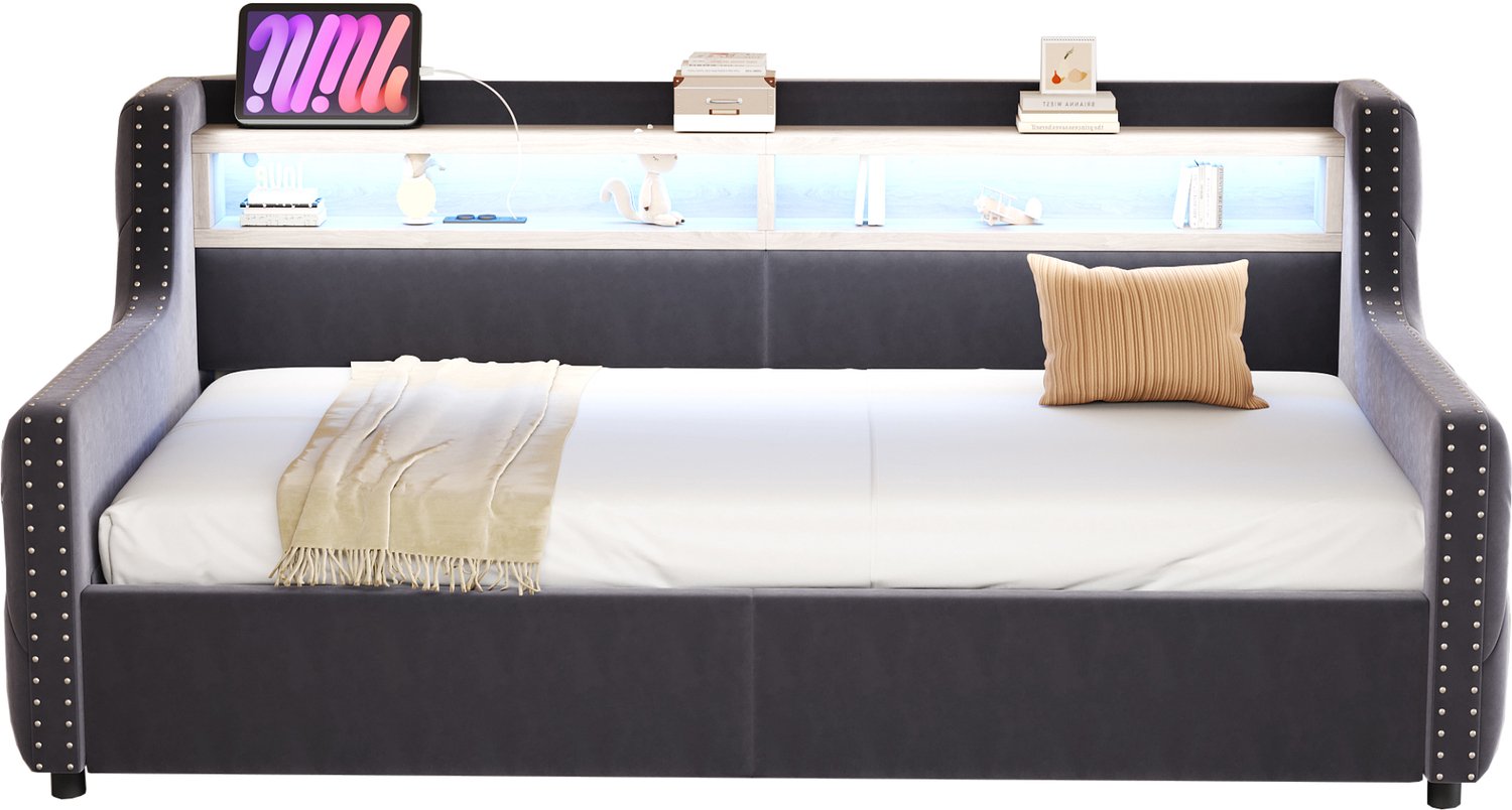 MUVANO Slaapbank 90 x 200 cm - Bedbank met hydraulische opbergruimte - Fluwelen bekleding - LED en lattenbodem - Voor woon- en slaapkamer - Donkergrijs