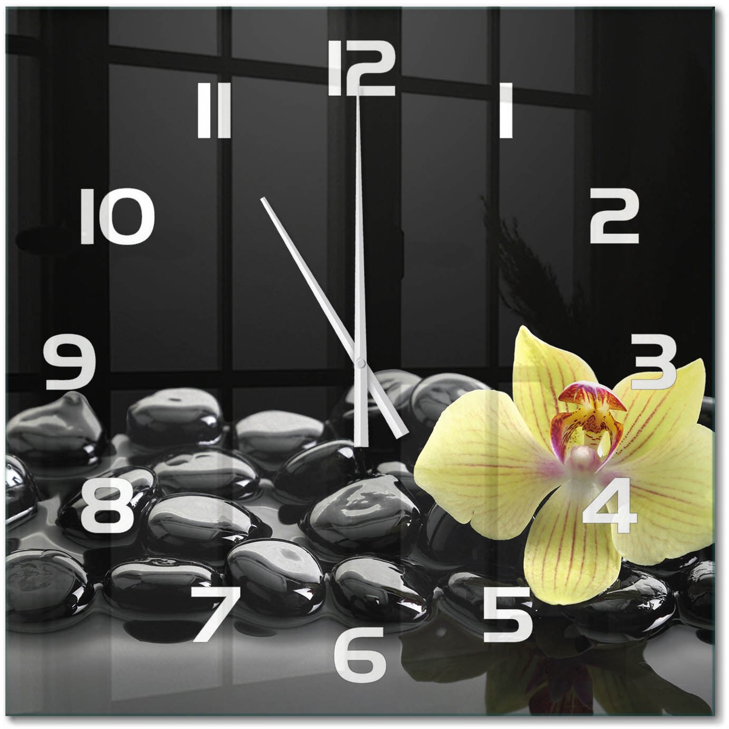 TULUP Wandklok - Orchidee Wandklok Glas Met Motief - 60x60 cm - Zwart Decoratieve Glazen Klok - Witte handen - Vierkante Klok - Gekleurde Glazen Klok - Glazen Klok Met Print