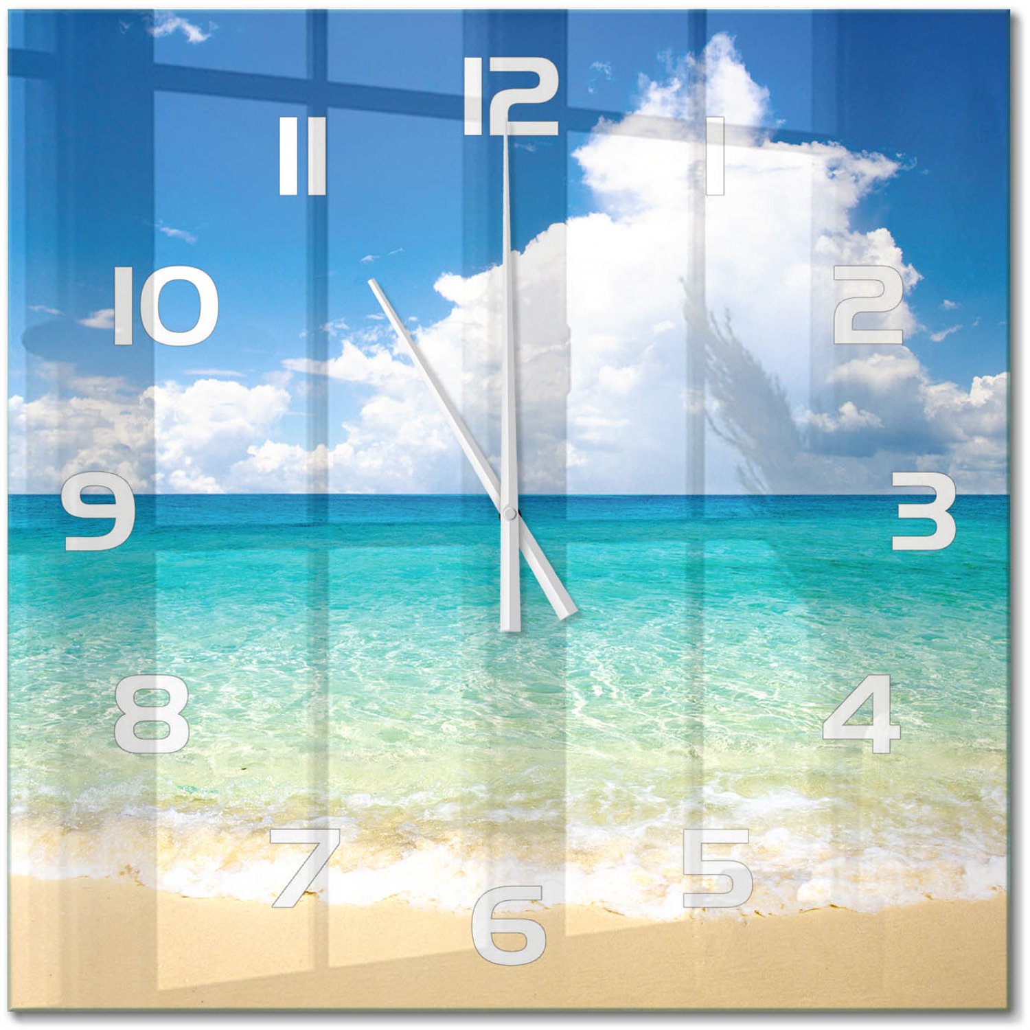 TULUP Wandklok - Paradijsstrand Glazen Wandklok Design - 60x60 cm - Blauw Klok Glas Met Opdruk - Witte handen - Vierkante Klok - Wandklok Glas Met Motief - Decoratieve Glazen Klok