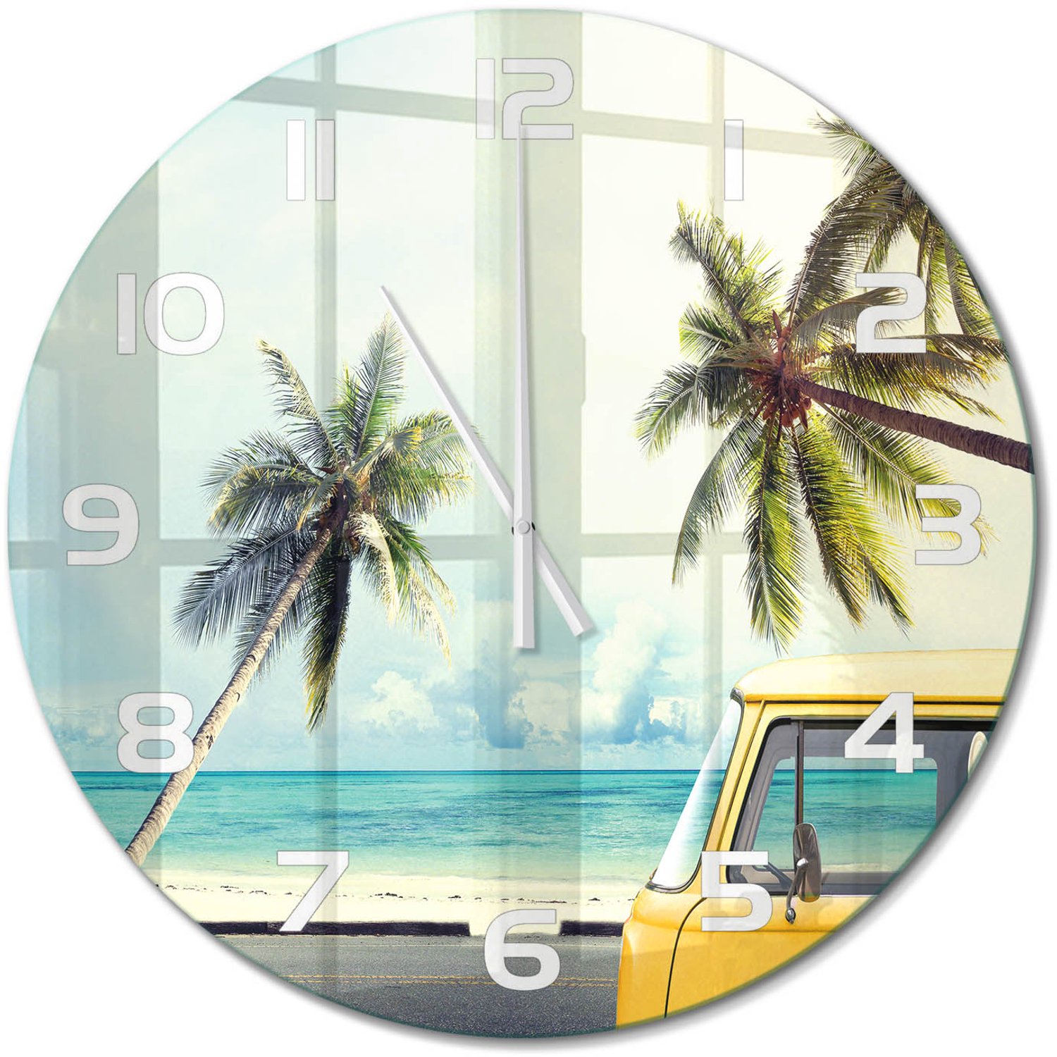 TULUP Wandklok - Van Beach Glazen Klok Met Print - fi60 cm - Geel Wandklok Glas Met Motief - Witte handen - Ronde Klok - Wandklok Glas Decoratie - Gekleurde Glazen Klok