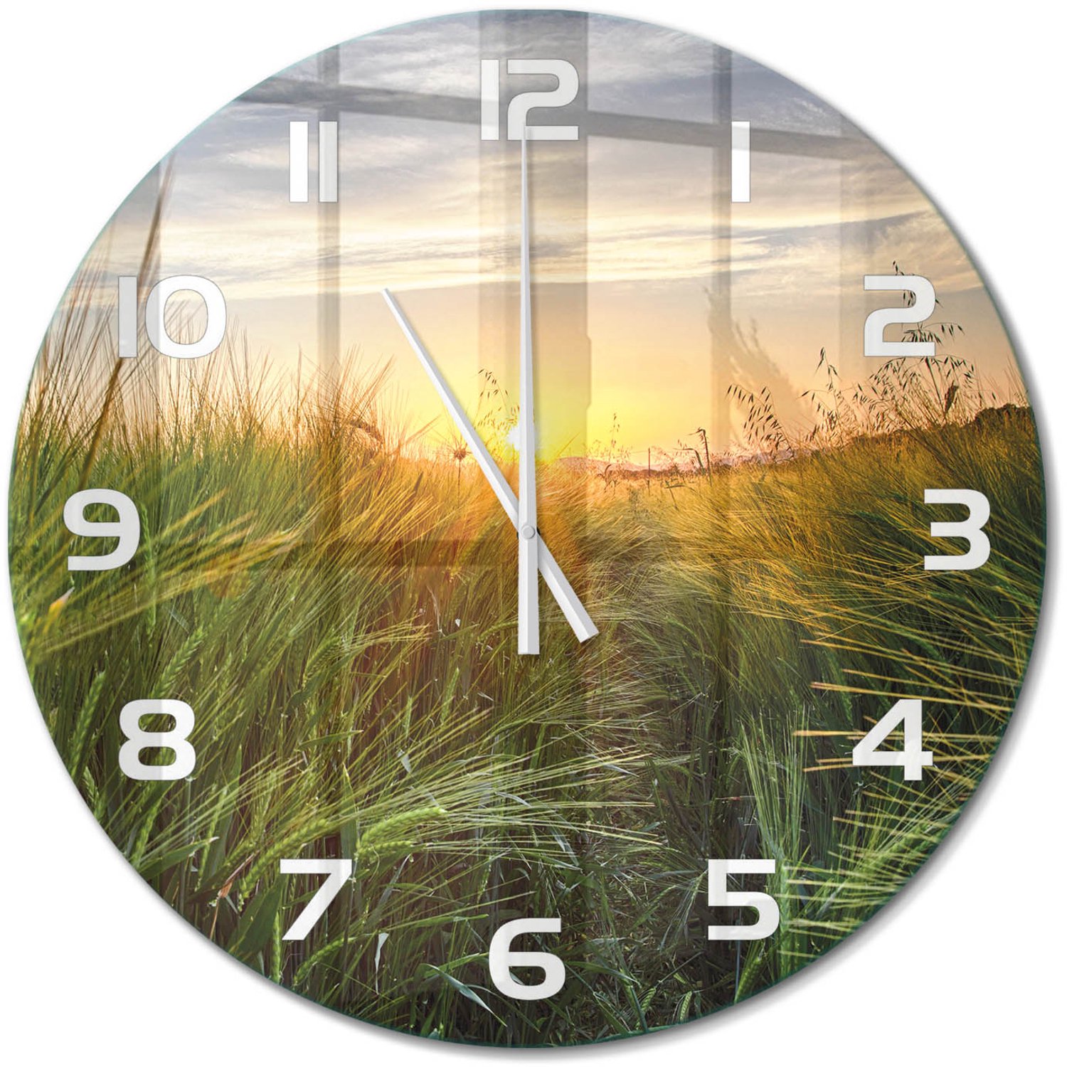 TULUP Wandklok - Tarweveld Wandklok Glas Met Motief - fi60 cm - Groente Decoratieve Glazen Klok - Witte handen - Ronde Klok - Gekleurde Glazen Klok - Glazen Klok Met Print