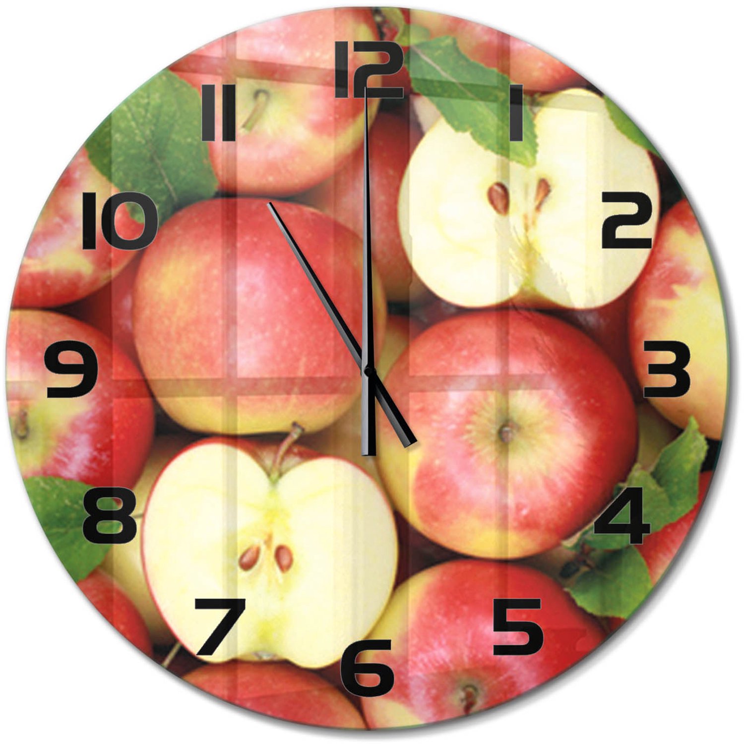 TULUP Wandklok - Appels Glazen Klok Met Print - fi60 cm - Rood Wandklok Glas Met Motief - Zwarte handen - Ronde Klok - Wandklok Glas Decoratie - Gekleurde Glazen Klok