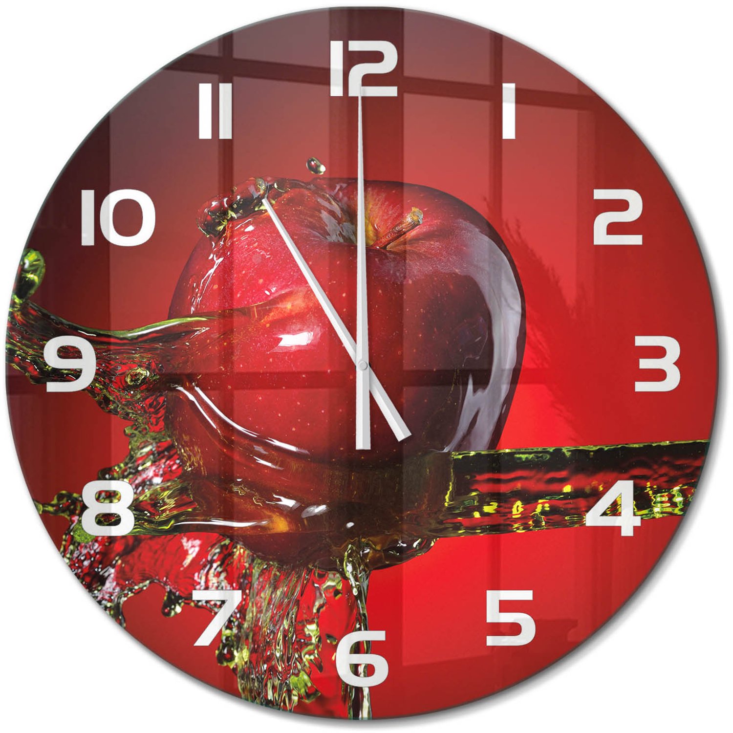 TULUP Wandklok - Appel en water Gekleurde Glazen Klok - fi60 cm - Rood Glazen Klok Met Print - Witte handen - Ronde Klok - Moderne Wandklok Glas - Wandklok Glas Decoratie