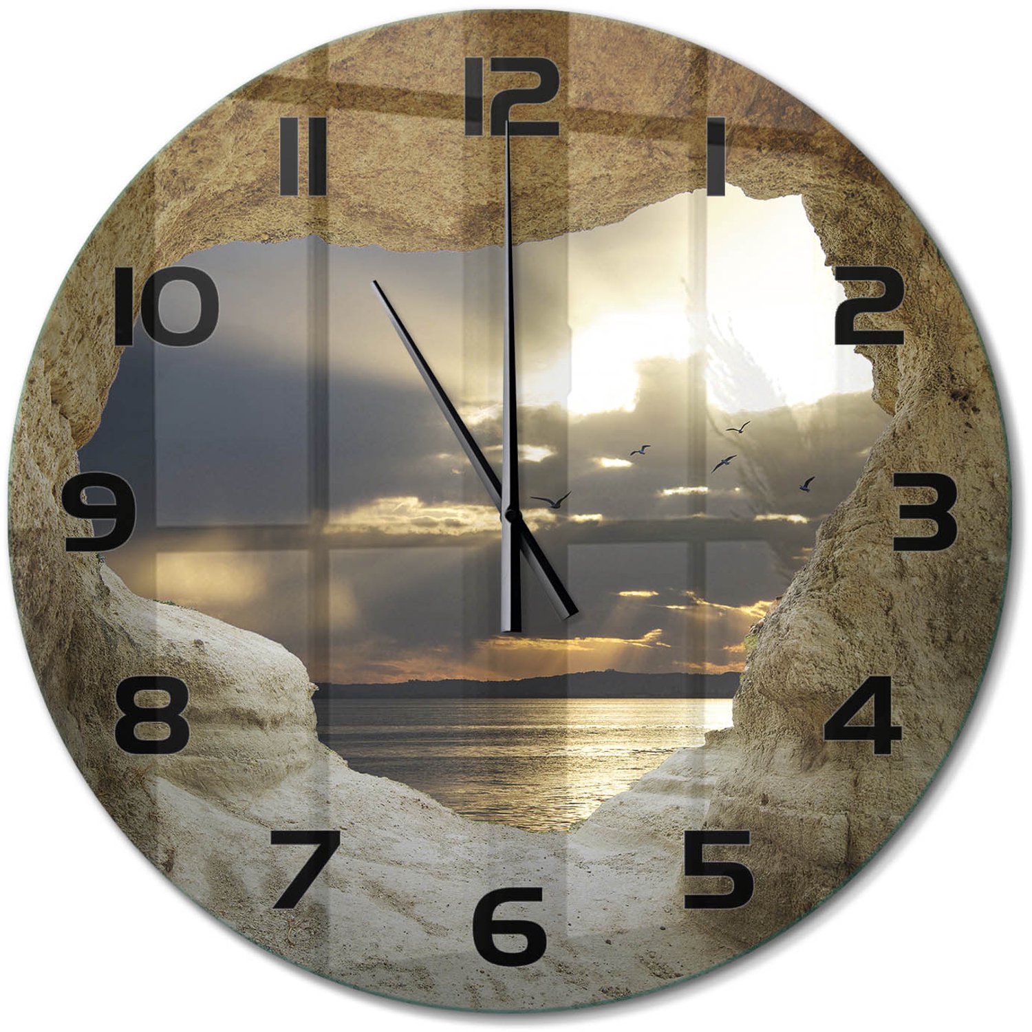 TULUP Wandklok - Zeegrot Glazen Klok Met Print - fi60 cm - Beige Wandklok Glas Met Motief - Zwarte handen - Ronde Klok - Wandklok Glas Decoratie - Gekleurde Glazen Klok