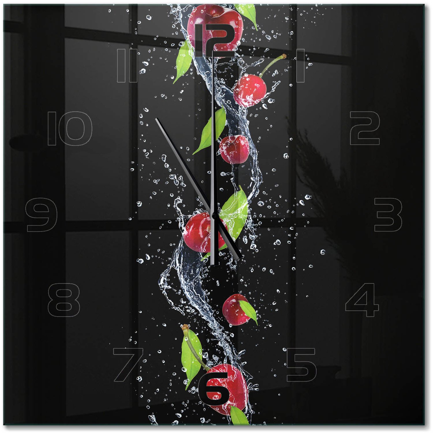 TULUP Wandklok - Kersen Glazen Wandklok Design - 60x60 cm - Rood Klok Glas Met Opdruk - Zwarte handen - Vierkante Klok - Wandklok Glas Met Motief - Decoratieve Glazen Klok