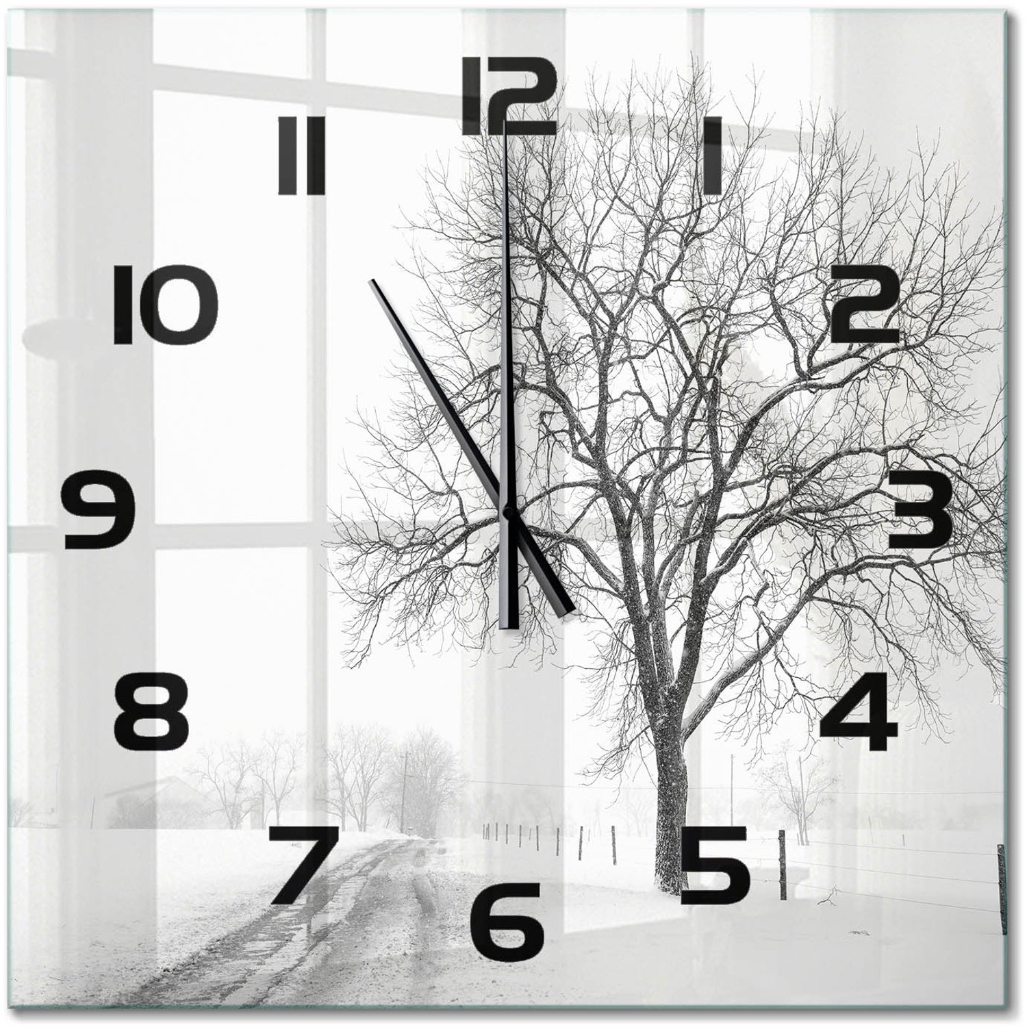 TULUP Wandklok - Winterboom Decoratieve Glazen Klok - 60x60 cm - Wit Glazen Wandklok Design - Zwarte handen - Vierkante Klok - Glazen Klok Met Print - Wandklok Glas Met Motief