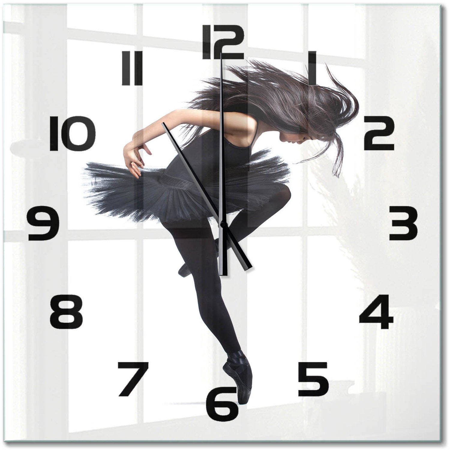 TULUP Wandklok - Ballerina Klok Glas Met Opdruk - 60x60 cm - Zwart Moderne Wandklok Glas - Zwarte handen - Vierkante Klok - Decoratieve Glazen Klok - Glazen Wandklok Design