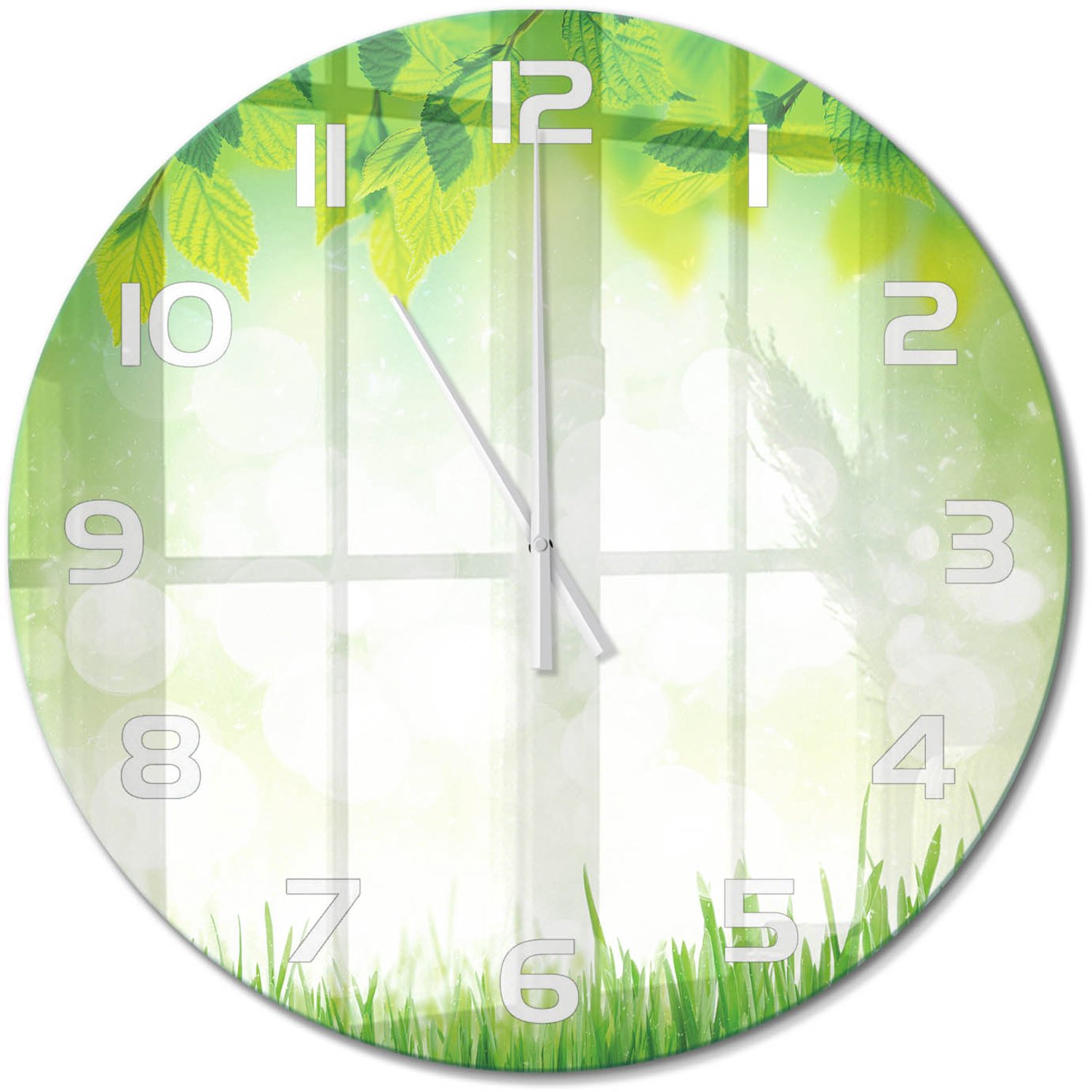 TULUP Wandklok - Bladeren en gras Moderne Wandklok Glas - fi60 cm - Groente Wandklok Glas Decoratie - Witte handen - Ronde Klok - Glazen Wandklok Design - Klok Glas Met Opdruk