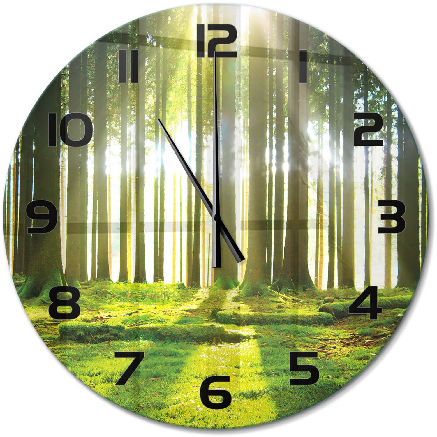 TULUP Wandklok - Bos in de zon Wandklok Glas Met Motief - fi60 cm - Groente Decoratieve Glazen Klok - Zwarte handen - Ronde Klok - Gekleurde Glazen Klok - Glazen Klok Met Print