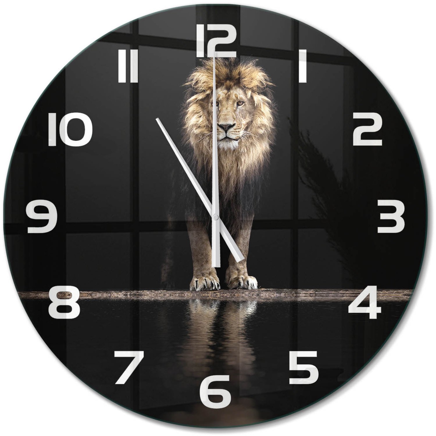TULUP Wandklok - Portret van een leeuw Wandklok Glas Met Motief - fi60 cm - Bruin Decoratieve Glazen Klok - Witte handen - Ronde Klok - Gekleurde Glazen Klok - Glazen Klok Met Print