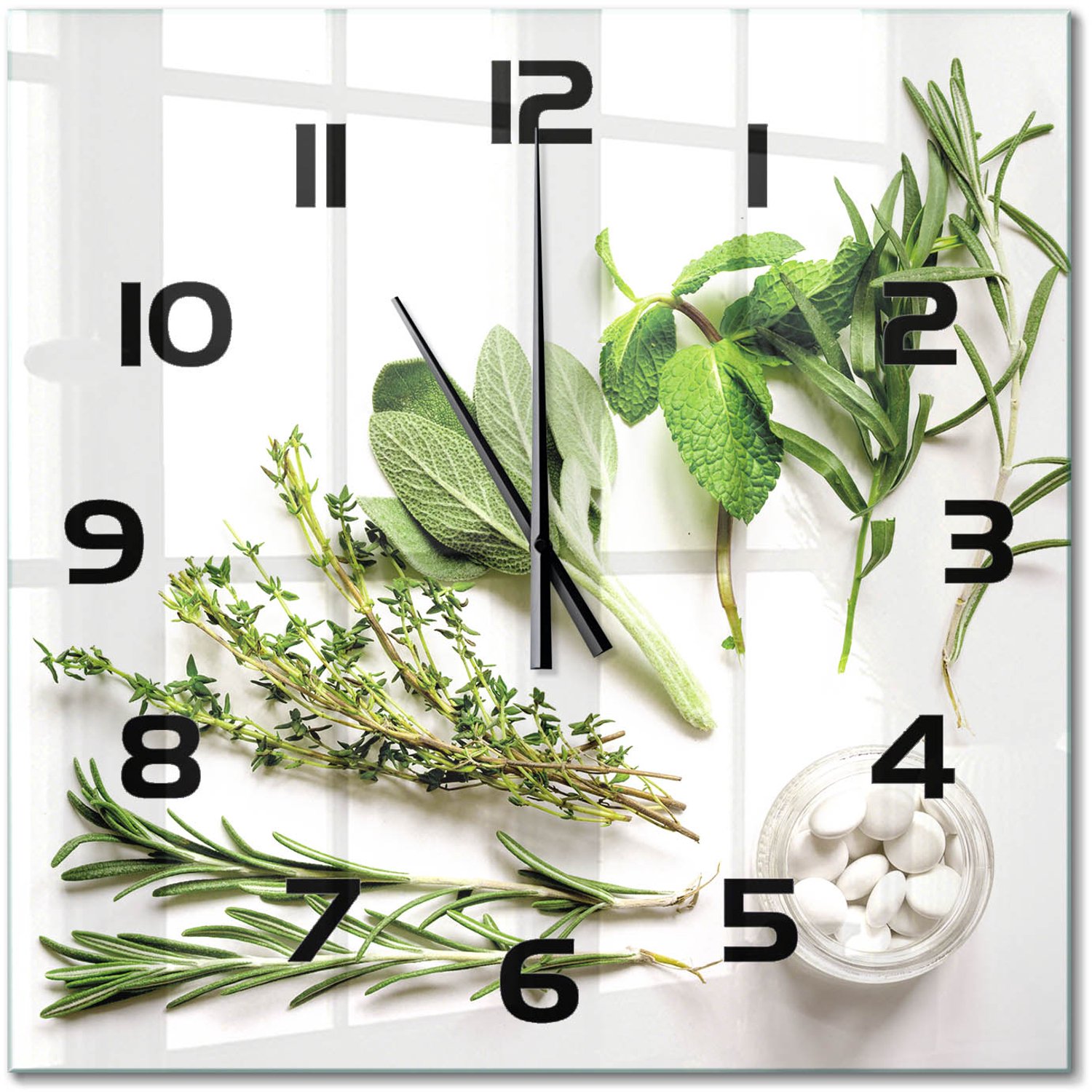 TULUP Wandklok - Kruiden Wandklok Glas Met Motief - 60x60 cm - Groente Decoratieve Glazen Klok - Zwarte handen - Vierkante Klok - Gekleurde Glazen Klok - Glazen Klok Met Print