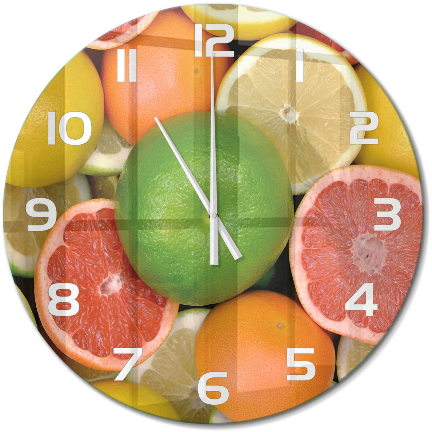 TULUP Wandklok - Citrusvruchten Klok Glas Met Opdruk - fi60 cm - Veelkleurig Moderne Wandklok Glas - Witte handen - Ronde Klok - Decoratieve Glazen Klok - Glazen Wandklok Design