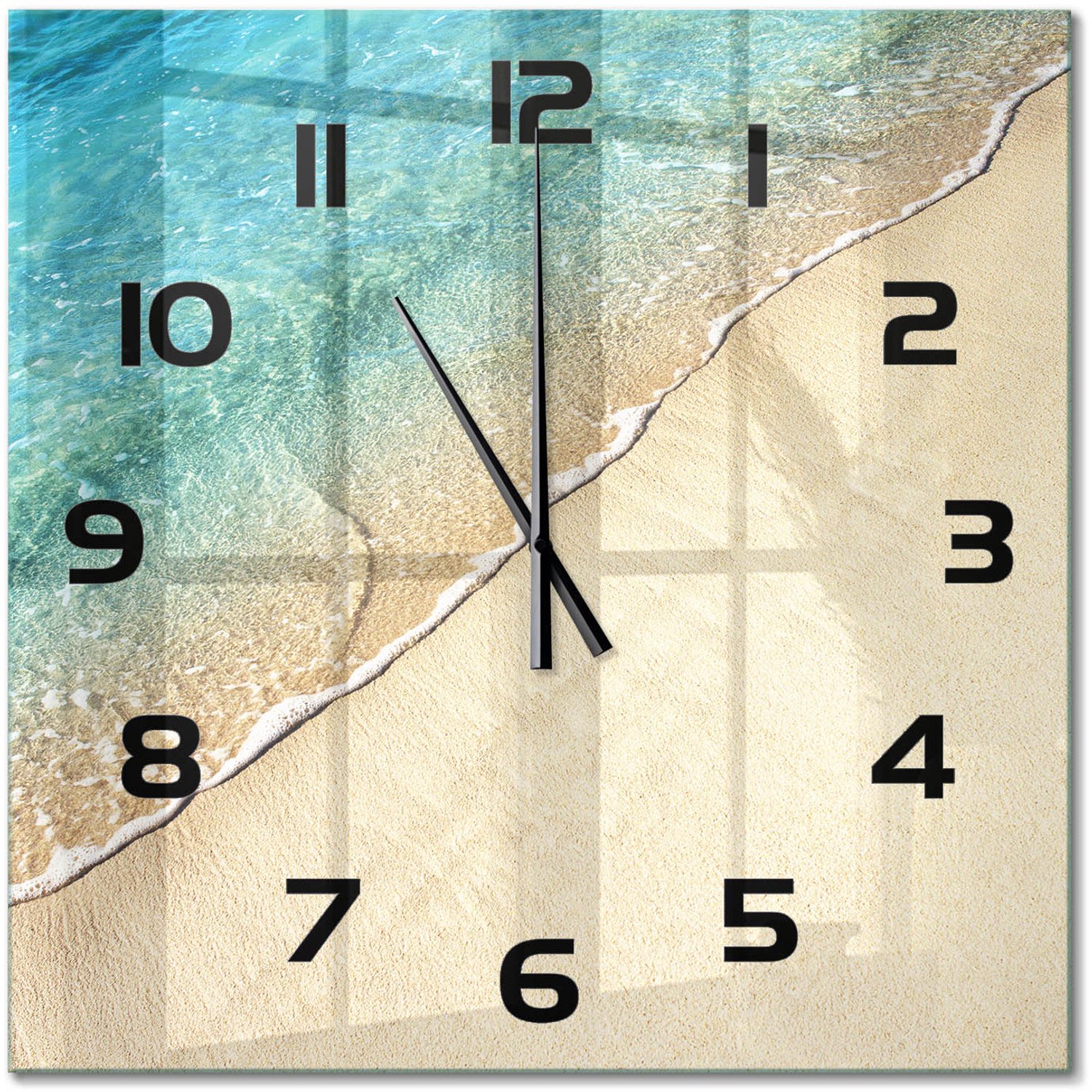 TULUP Wandklok - Golf op het strand Klok Glas Met Opdruk - 60x60 cm - Blauw Moderne Wandklok Glas - Zwarte handen - Vierkante Klok - Decoratieve Glazen Klok - Glazen Wandklok Design