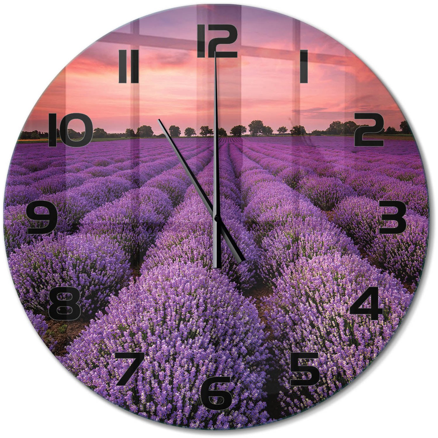 TULUP Wandklok - Lavendelveld Klok Glas Met Opdruk - fi60 cm - Paars Moderne Wandklok Glas - Zwarte handen - Ronde Klok - Decoratieve Glazen Klok - Glazen Wandklok Design