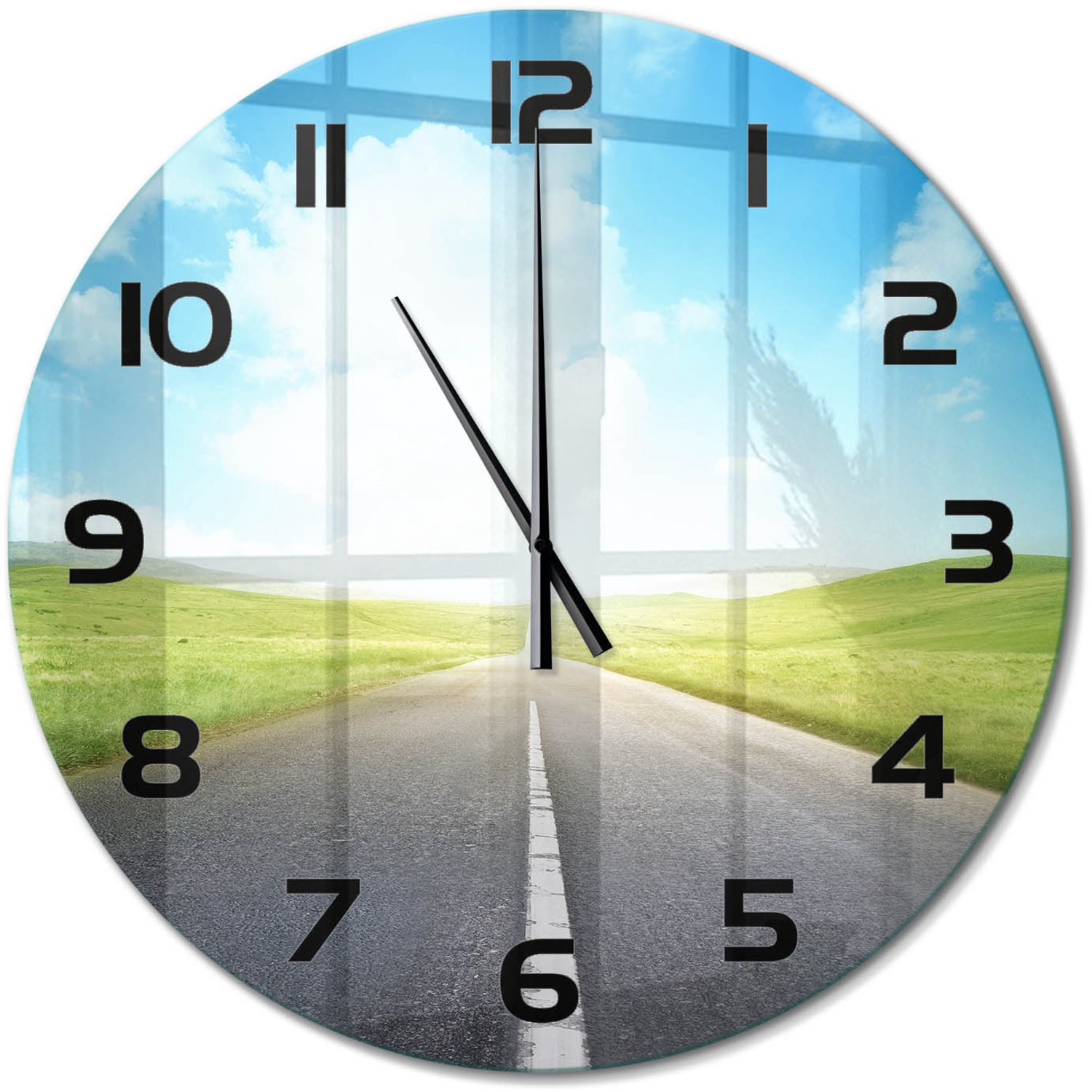 TULUP Wandklok - De weg door de weide Decoratieve Glazen Klok - fi60 cm - Groente Glazen Wandklok Design - Zwarte handen - Ronde Klok - Glazen Klok Met Print - Wandklok Glas Met Motief