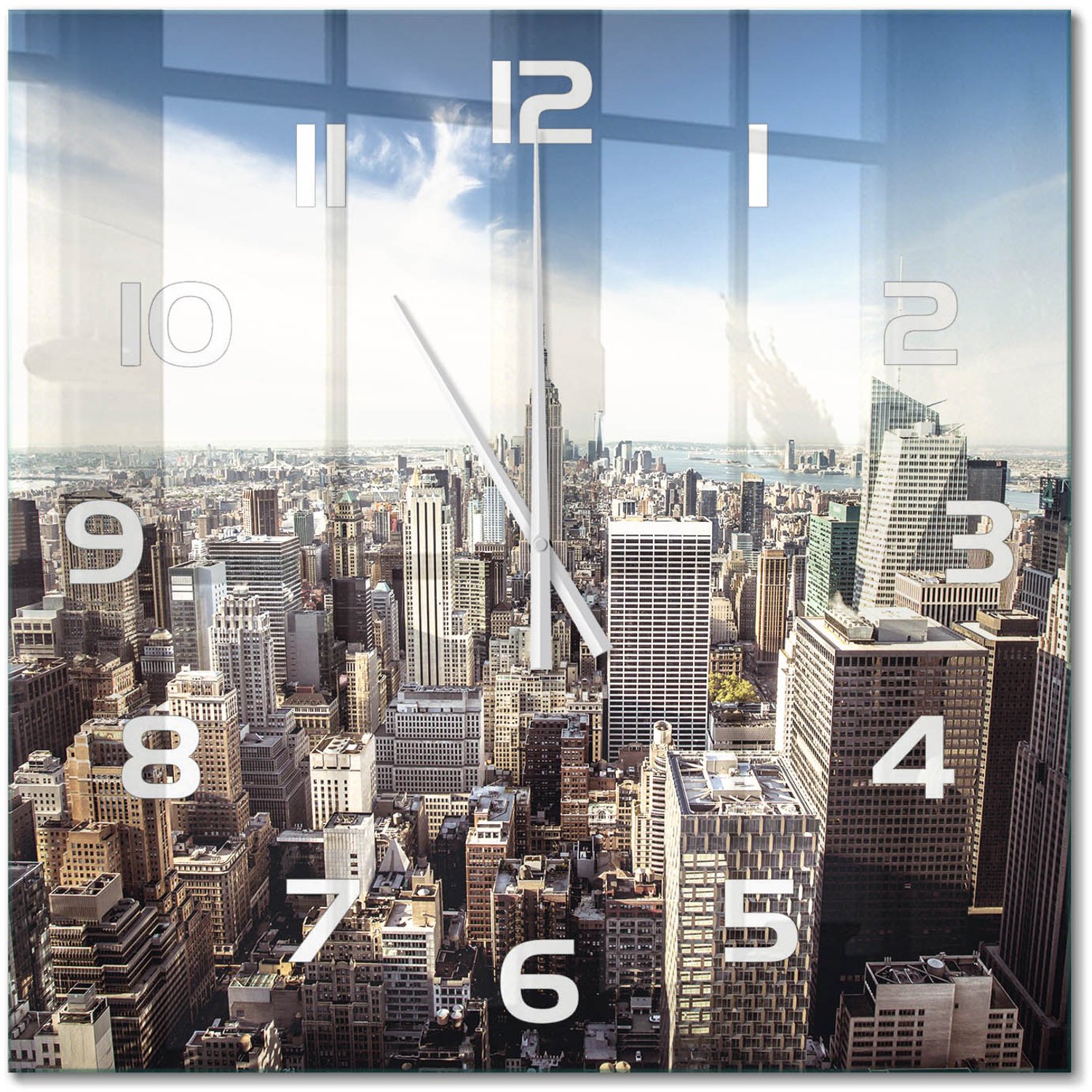 TULUP Wandklok - New York Klok Glas Met Opdruk - 60x60 cm - Blauw Moderne Wandklok Glas - Witte handen - Vierkante Klok - Decoratieve Glazen Klok - Glazen Wandklok Design