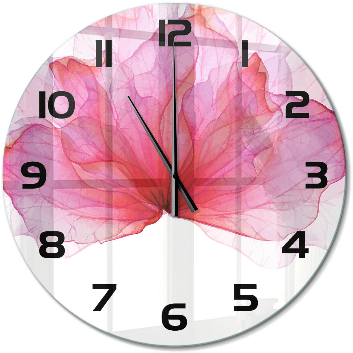 TULUP Wandklok - Roze bloem Gekleurde Glazen Klok - fi60 cm - Roze Glazen Klok Met Print - Zwarte handen - Ronde Klok - Moderne Wandklok Glas - Wandklok Glas Decoratie