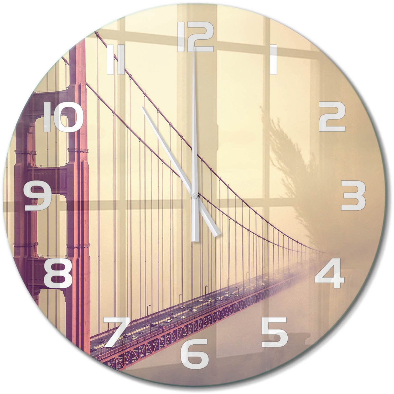 TULUP Wandklok - San Francisco-brug Decoratieve Glazen Klok - fi60 cm - Rood Glazen Wandklok Design - Witte handen - Ronde Klok - Glazen Klok Met Print - Wandklok Glas Met Motief