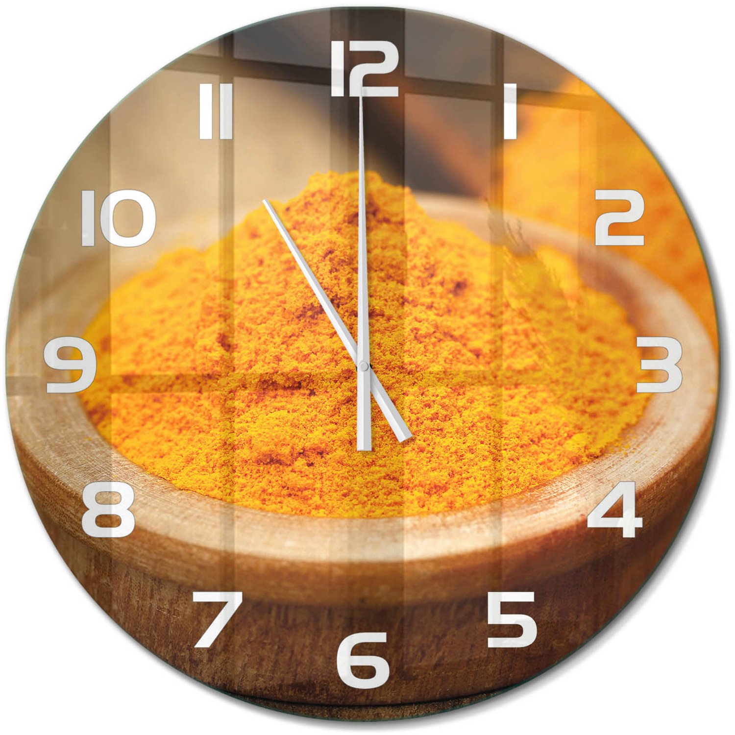 TULUP Wandklok - Kurkuma specerij Wandklok Glas Met Motief - fi60 cm - Oranje Decoratieve Glazen Klok - Witte handen - Ronde Klok - Gekleurde Glazen Klok - Glazen Klok Met Print