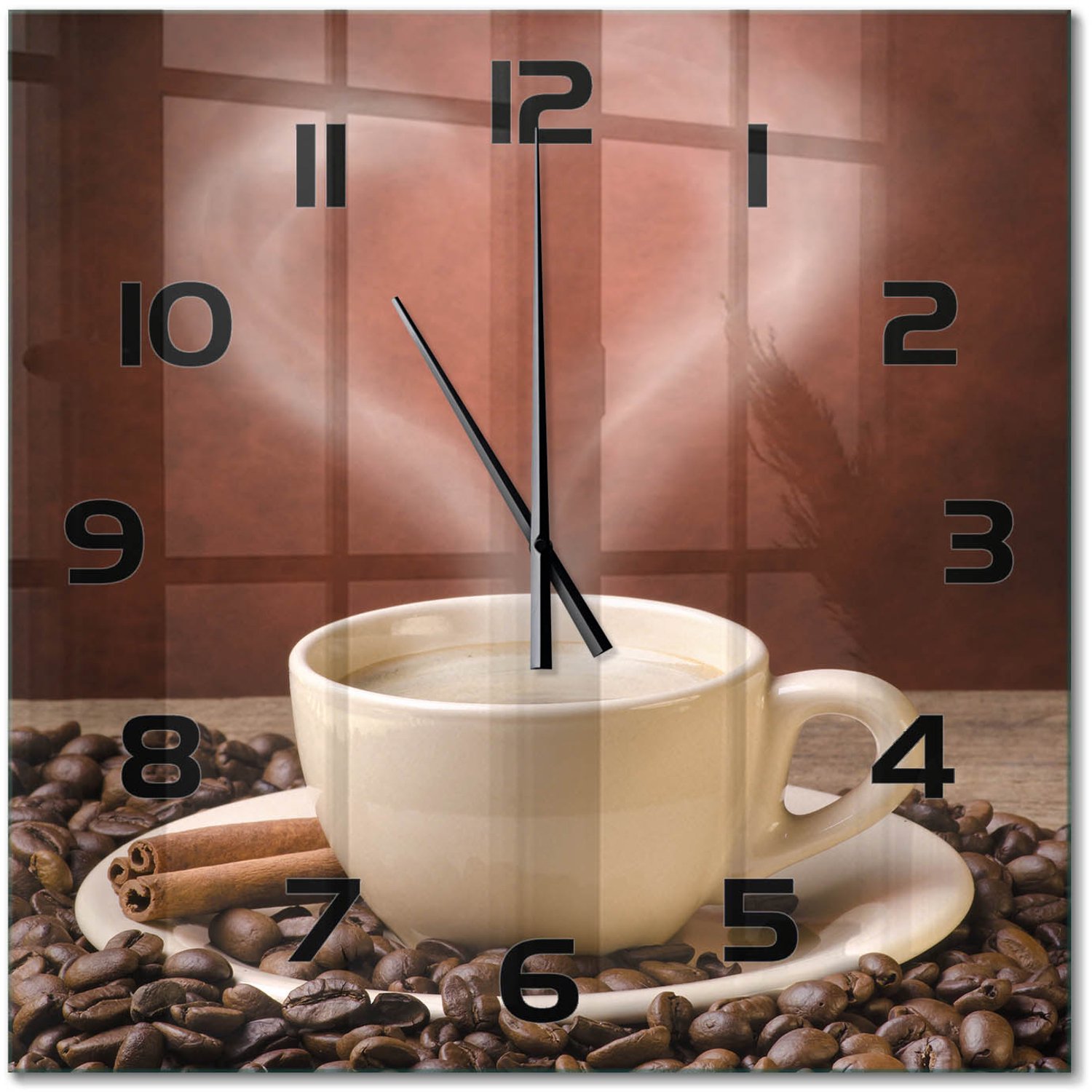 TULUP Wandklok - Aromatische koffie Gekleurde Glazen Klok - 60x60 cm - Bruin Glazen Klok Met Print - Zwarte handen - Vierkante Klok - Moderne Wandklok Glas - Wandklok Glas Decoratie