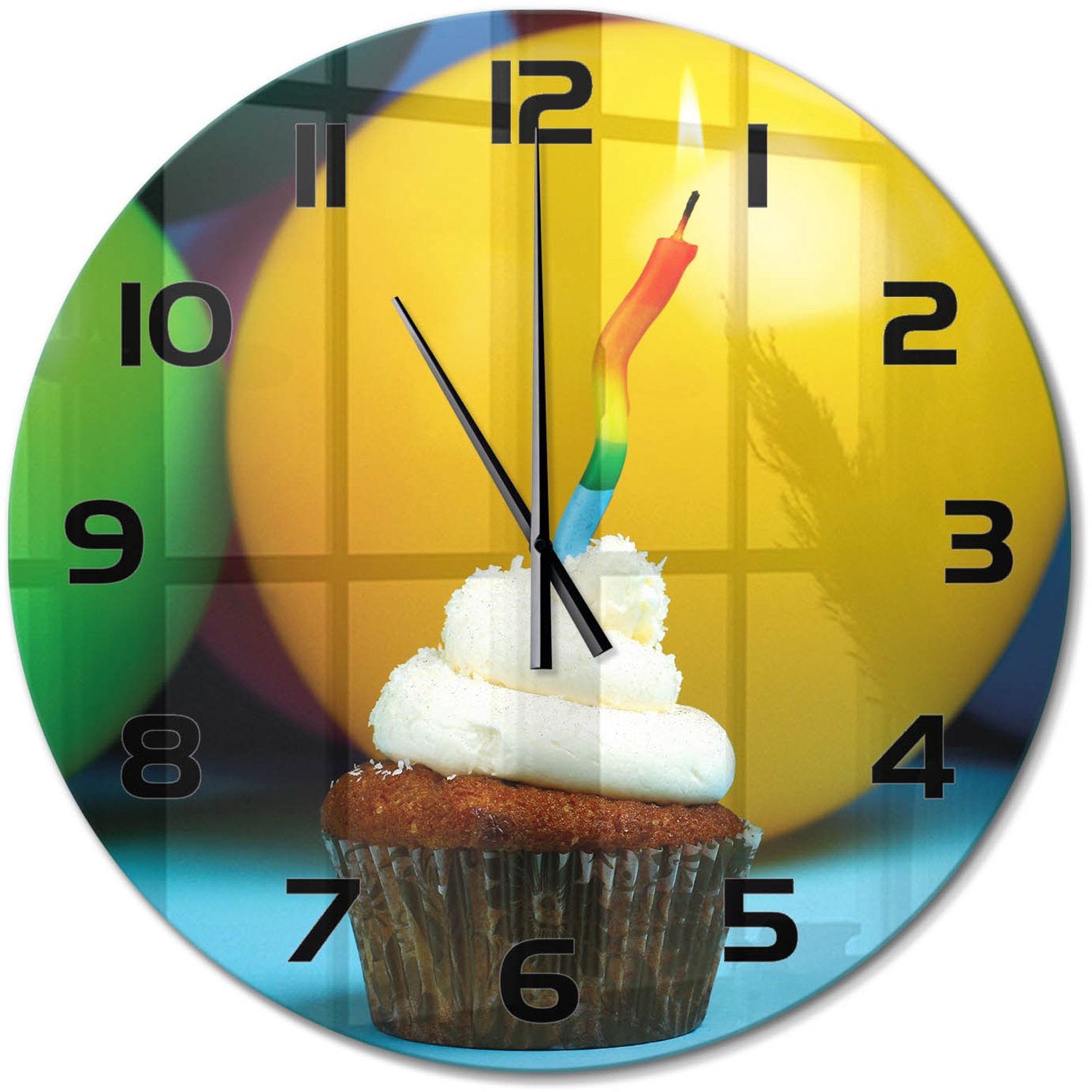 TULUP Wandklok - Verjaardagscupcake Decoratieve Glazen Klok - fi60 cm - Veelkleurig Glazen Wandklok Design - Zwarte handen - Ronde Klok - Glazen Klok Met Print - Wandklok Glas Met Motief