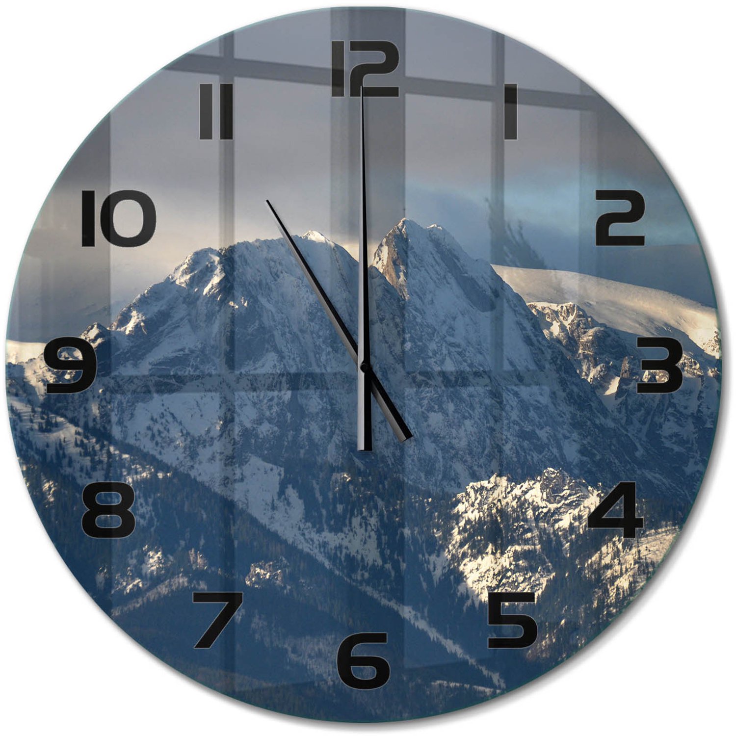TULUP Wandklok - Giewont in de winter Wandklok Glas Met Motief - fi60 cm - Grijs Decoratieve Glazen Klok - Zwarte handen - Ronde Klok - Gekleurde Glazen Klok - Glazen Klok Met Print