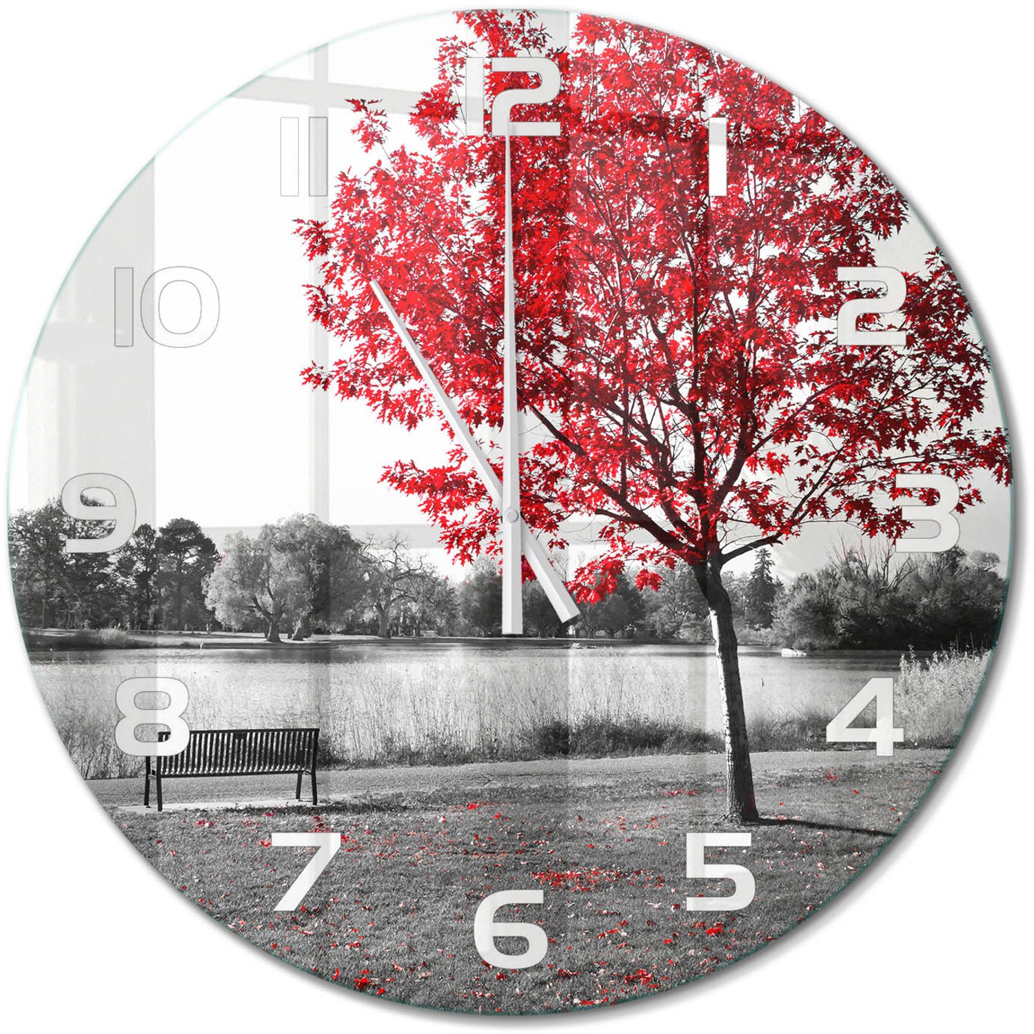 TULUP Wandklok - Rode boom Wandklok Glas Met Motief - fi60 cm - Rood Decoratieve Glazen Klok - Witte handen - Ronde Klok - Gekleurde Glazen Klok - Glazen Klok Met Print