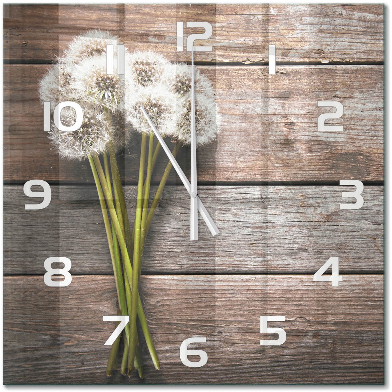 TULUP Wandklok - Paardenbloemhout Decoratieve Glazen Klok - 60x60 cm - Bruin Glazen Wandklok Design - Witte handen - Vierkante Klok - Glazen Klok Met Print - Wandklok Glas Met Motief
