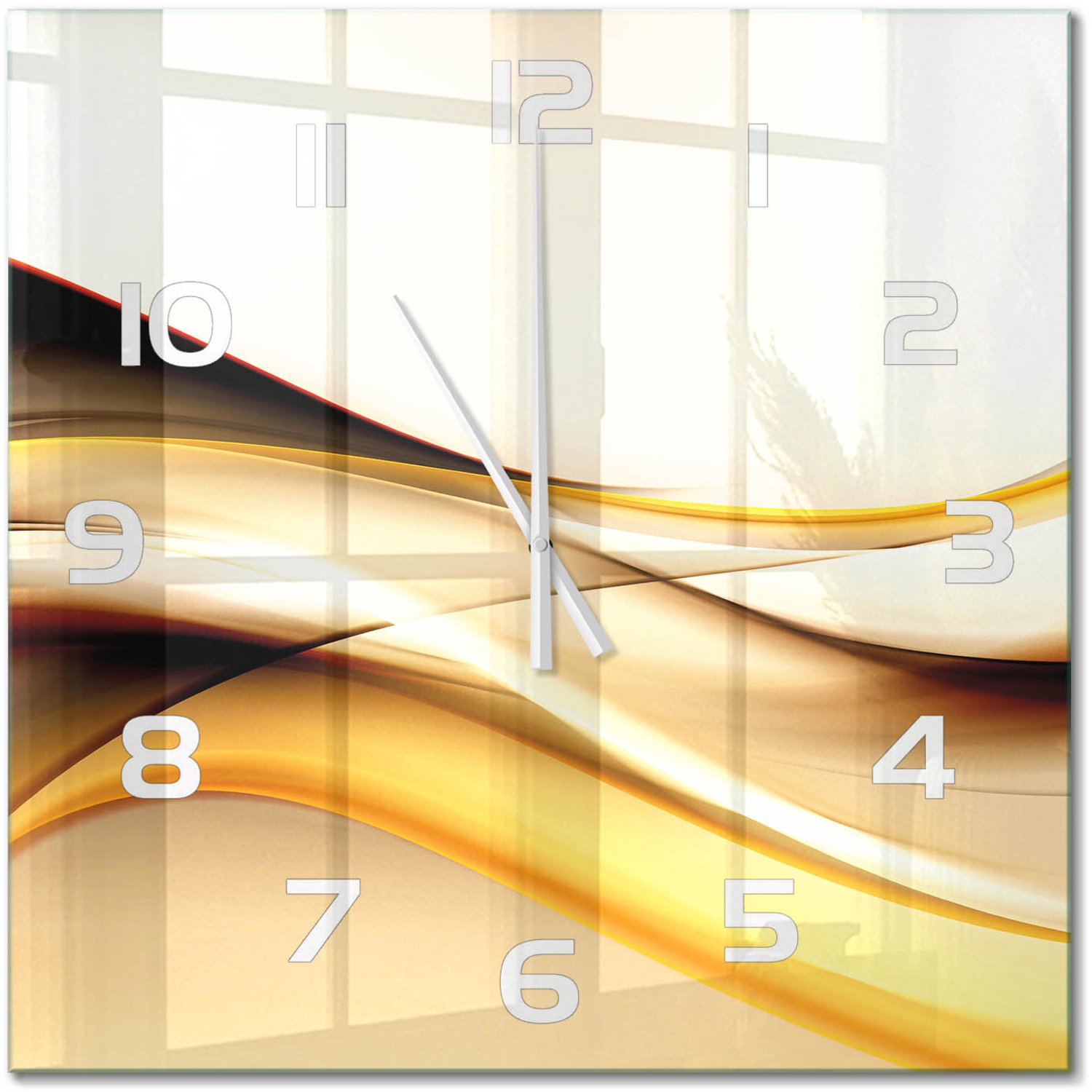 TULUP Wandklok - Abstracte golven Glazen Wandklok Design - 60x60 cm - Geel Klok Glas Met Opdruk - Witte handen - Vierkante Klok - Wandklok Glas Met Motief - Decoratieve Glazen Klok