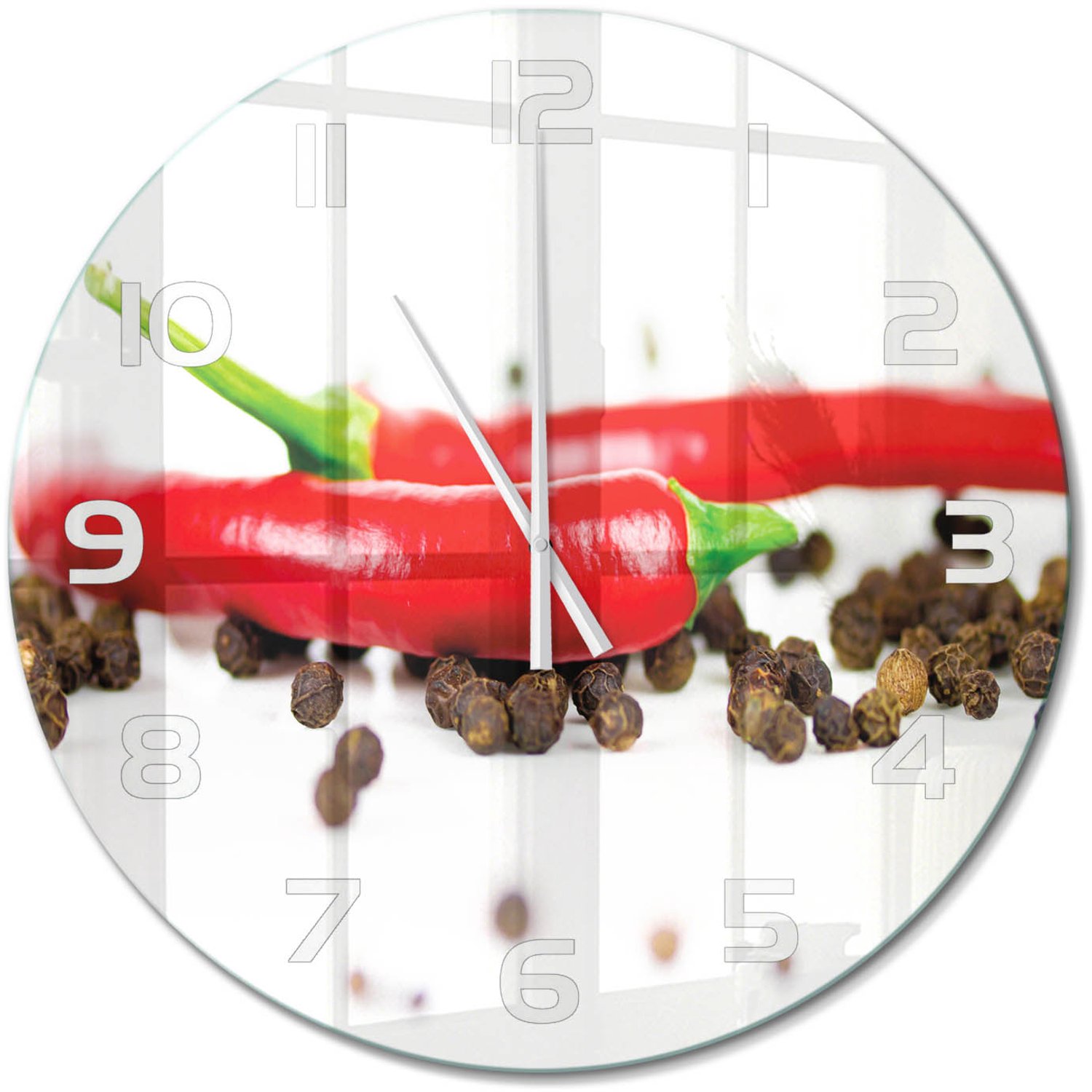 TULUP Wandklok - Chili en peper Wandklok Glas Decoratie - fi60 cm - Rood Gekleurde Glazen Klok - Witte handen - Ronde Klok - Klok Glas Met Opdruk - Moderne Wandklok Glas