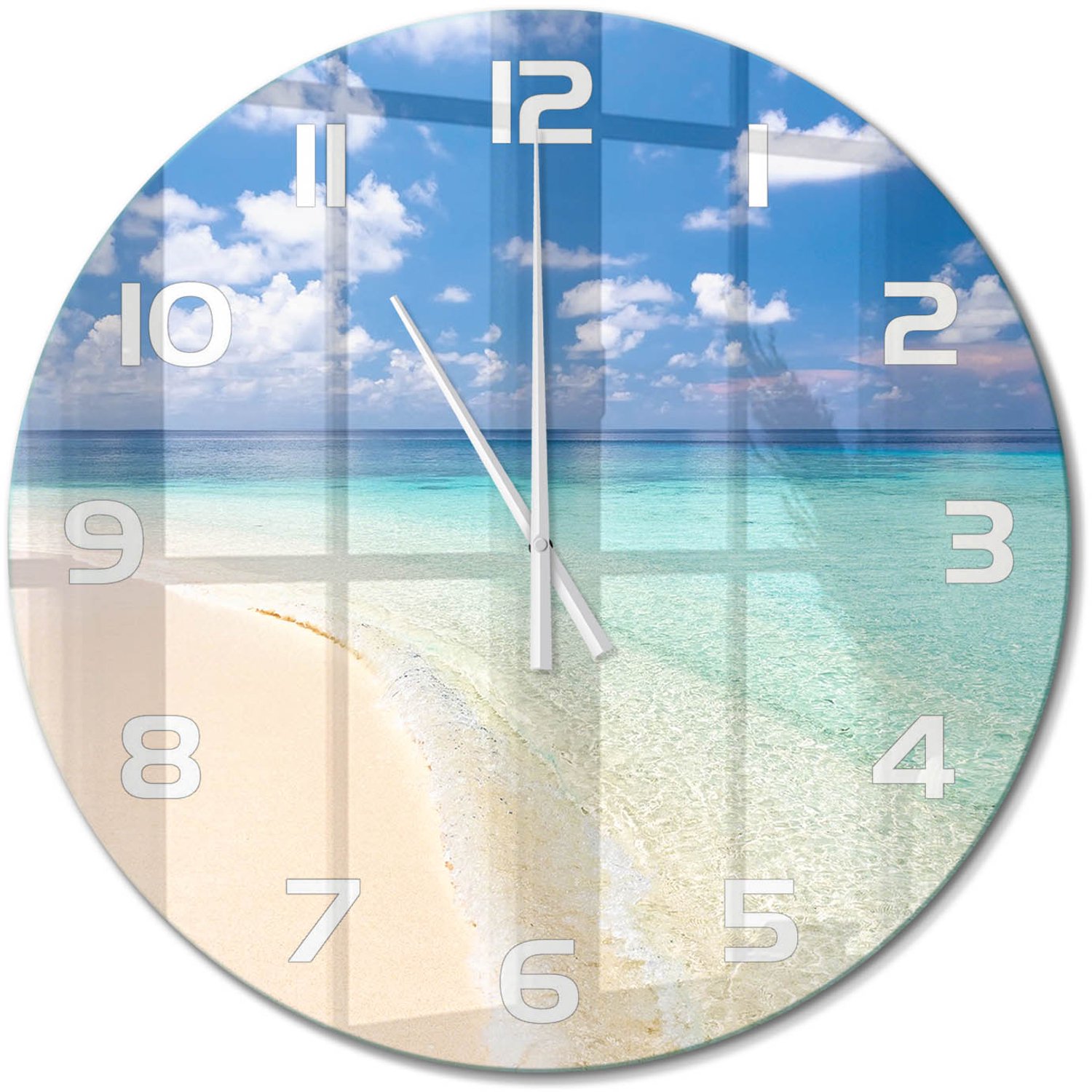 TULUP Wandklok - Strand op de Malediven Moderne Wandklok Glas - fi60 cm - Blauw Wandklok Glas Decoratie - Witte handen - Ronde Klok - Glazen Wandklok Design - Klok Glas Met Opdruk