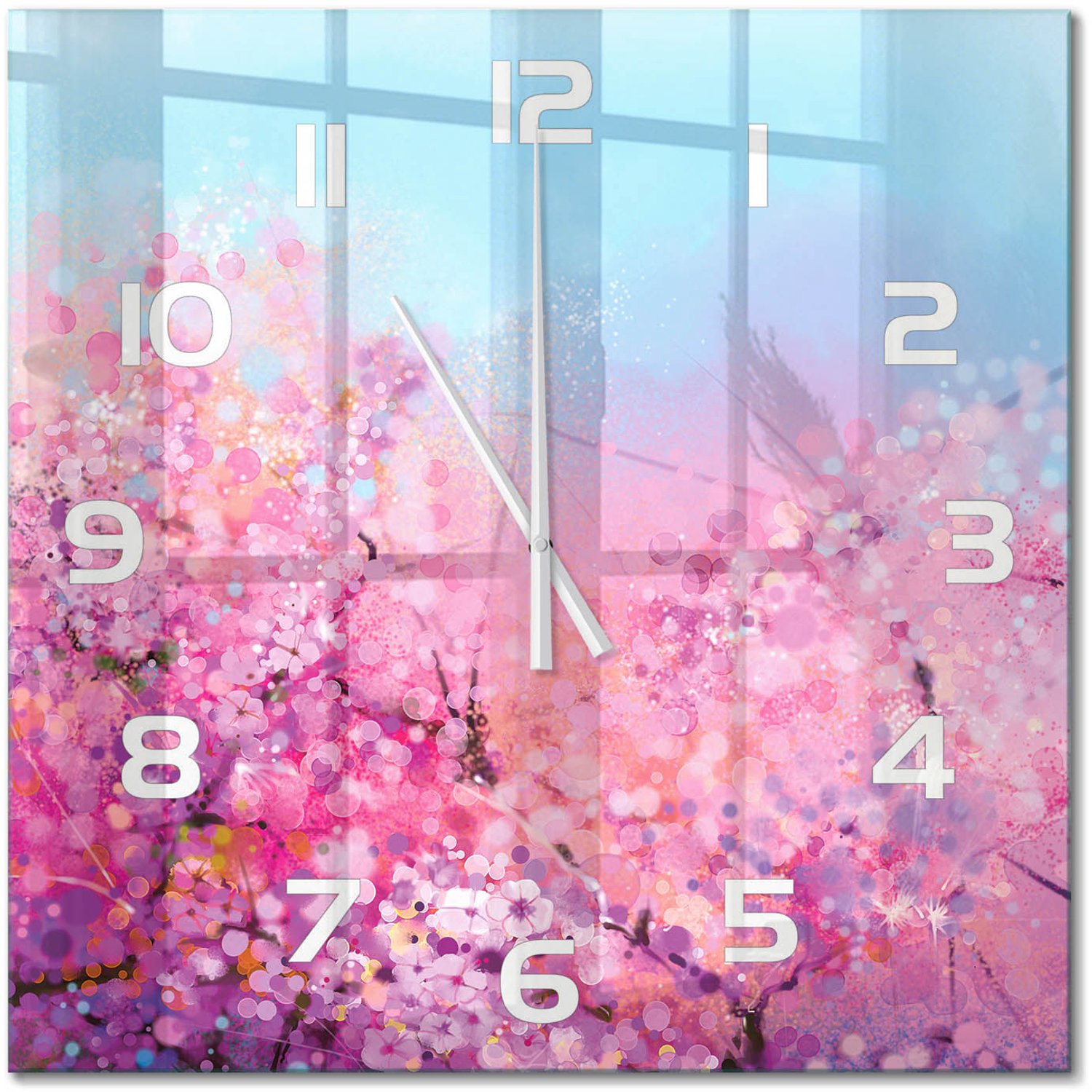 TULUP Wandklok - Kersenbloesem Wandklok Glas Decoratie - 60x60 cm - Roze Gekleurde Glazen Klok - Witte handen - Vierkante Klok - Klok Glas Met Opdruk - Moderne Wandklok Glas