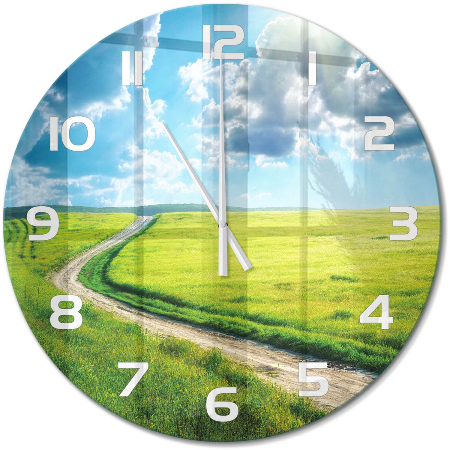 TULUP Wandklok - Pad in de weide Moderne Wandklok Glas - fi60 cm - Groente Wandklok Glas Decoratie - Witte handen - Ronde Klok - Glazen Wandklok Design - Klok Glas Met Opdruk