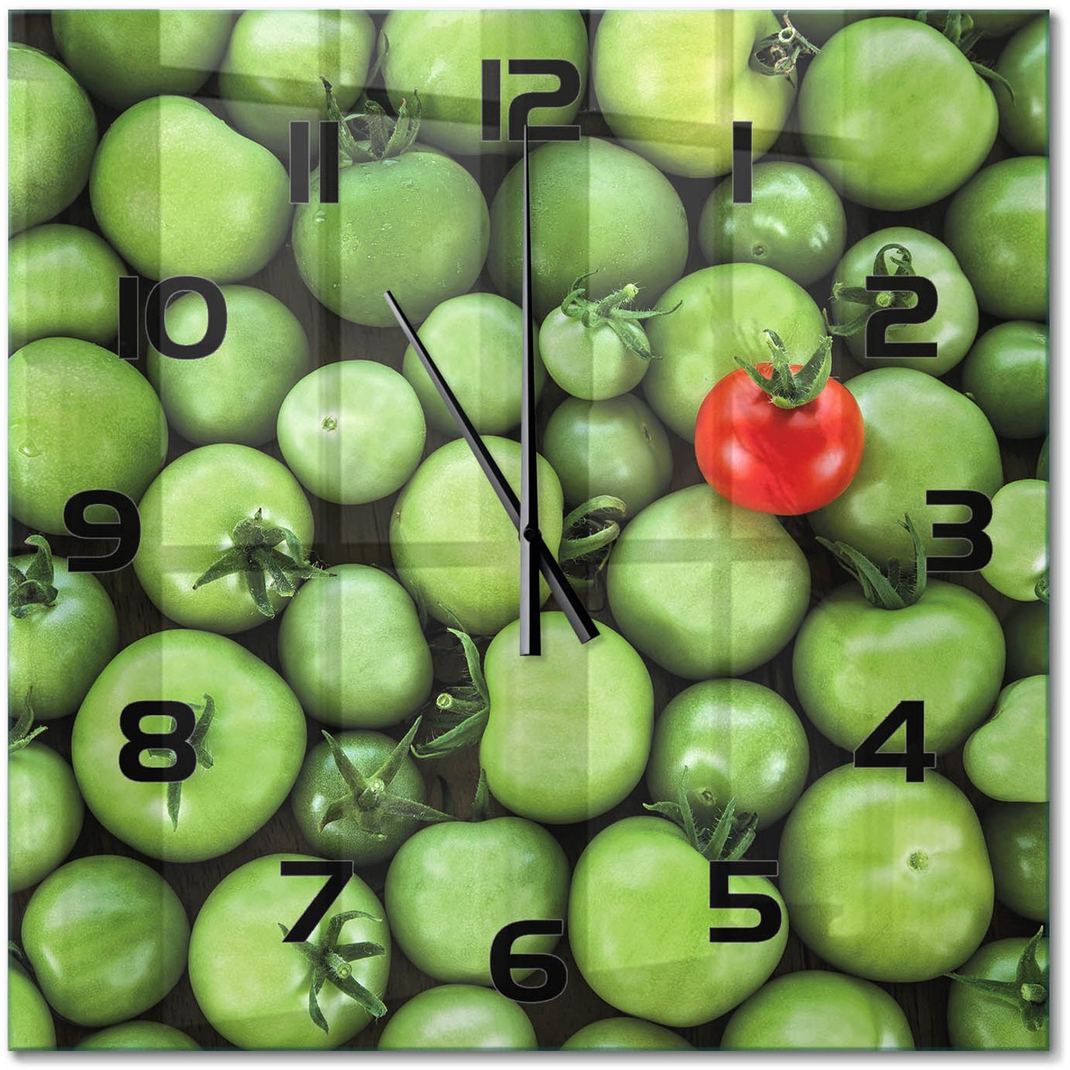 TULUP Wandklok - Rijpe tomaat Glazen Klok Met Print - 60x60 cm - Rood Wandklok Glas Met Motief - Zwarte handen - Vierkante Klok - Wandklok Glas Decoratie - Gekleurde Glazen Klok
