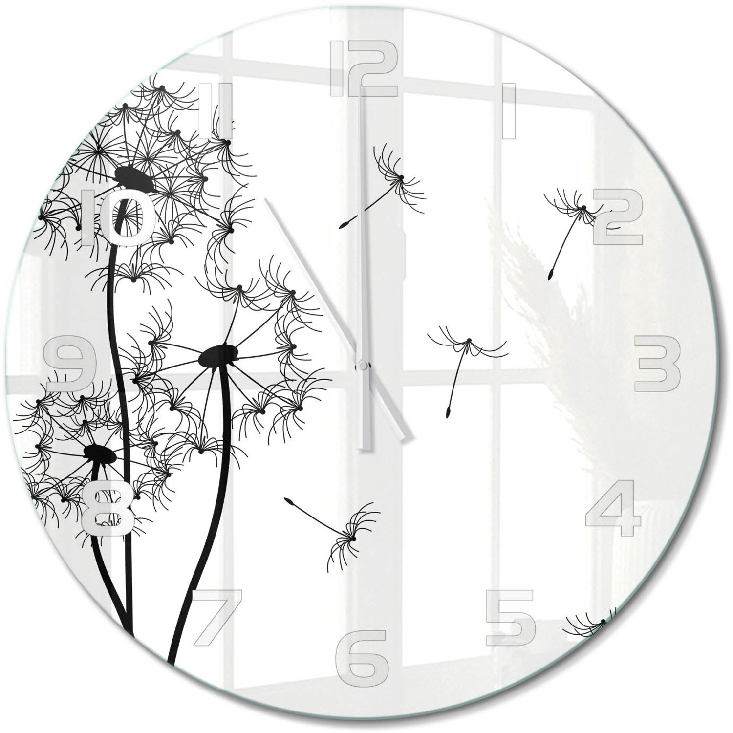 TULUP Wandklok - Paardenbloemtand Decoratieve Glazen Klok - fi60 cm - Zwart-wit Glazen Wandklok Design - Witte handen - Ronde Klok - Glazen Klok Met Print - Wandklok Glas Met Motief