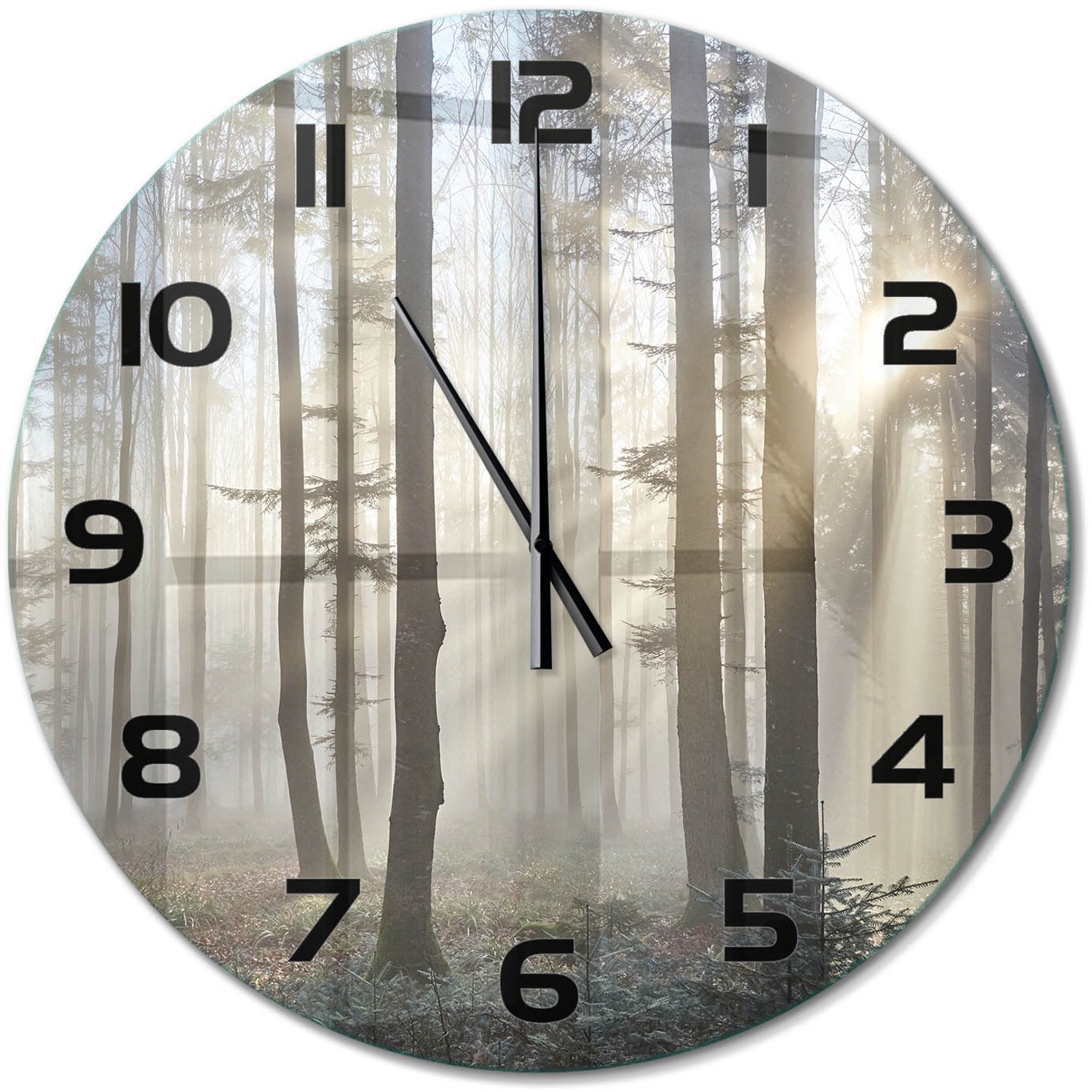 TULUP Wandklok - Mist in het bos Moderne Wandklok Glas - fi60 cm - Bruin Wandklok Glas Decoratie - Zwarte handen - Ronde Klok - Glazen Wandklok Design - Klok Glas Met Opdruk