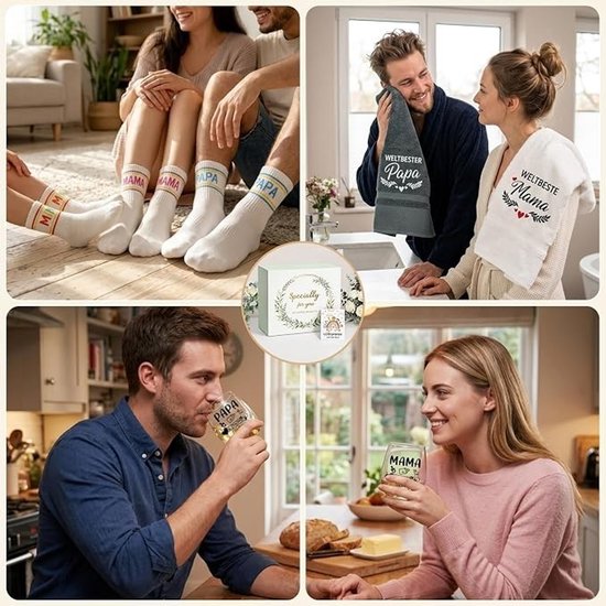 Papa en Mama Cadeauset – 8-delige Babygeschenkset met Wijnglazen, Sokken, Handdoeken en Kaart — afbeelding 5