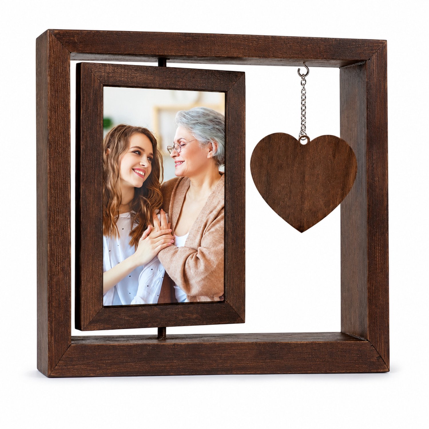 SWGOTA Dubbelzijdige draaibare fotolijst van massief hout, 6 inch, walnootkleur, met blanco hangend hart, buitenmaat 21,5 x 20,4 cm Walnootbruin