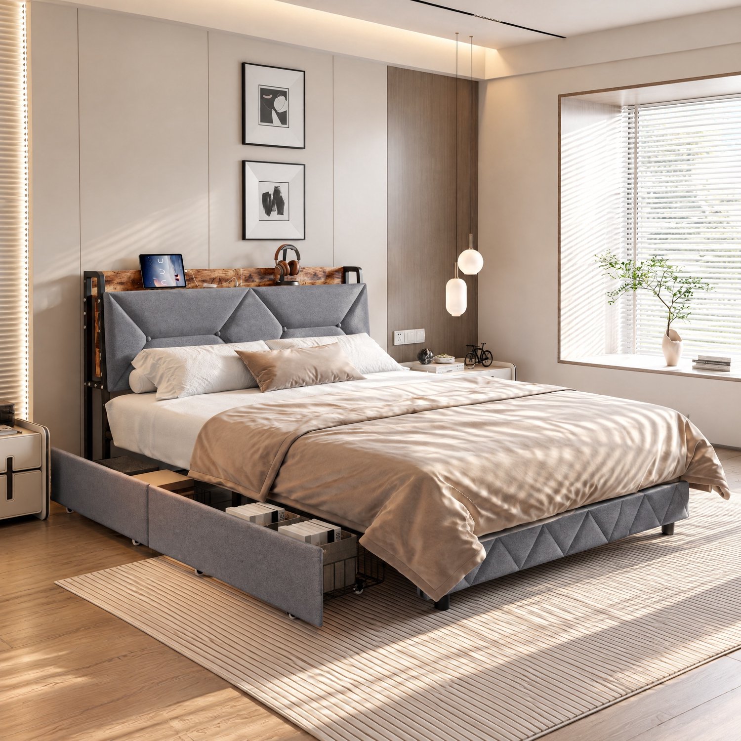 MEXUS Opbergbed Tweepersoonsbed 160x200 cm met 4 lades en opbergruimte – Gestoffeerd Bed met USB-Oplaadpoorten en Lattenbodem – Linnen Grijs – Zonder matras