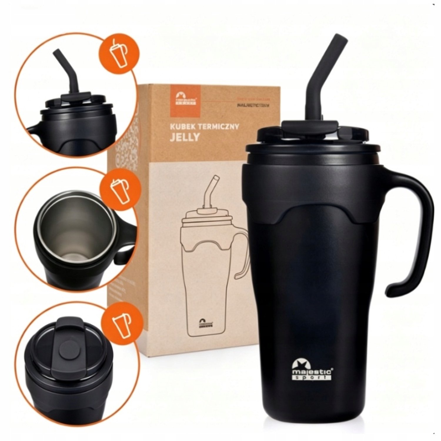 Majestic Sport Thermosbeker met Rietje & Auto Houder - 650ml RVS