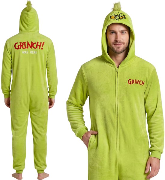 Vue avant et arrière d'une combinaison Grinch verte avec capuche, 'GRINCH' sur la poitrine et 'GRINCH! WAS HERE' au dos.