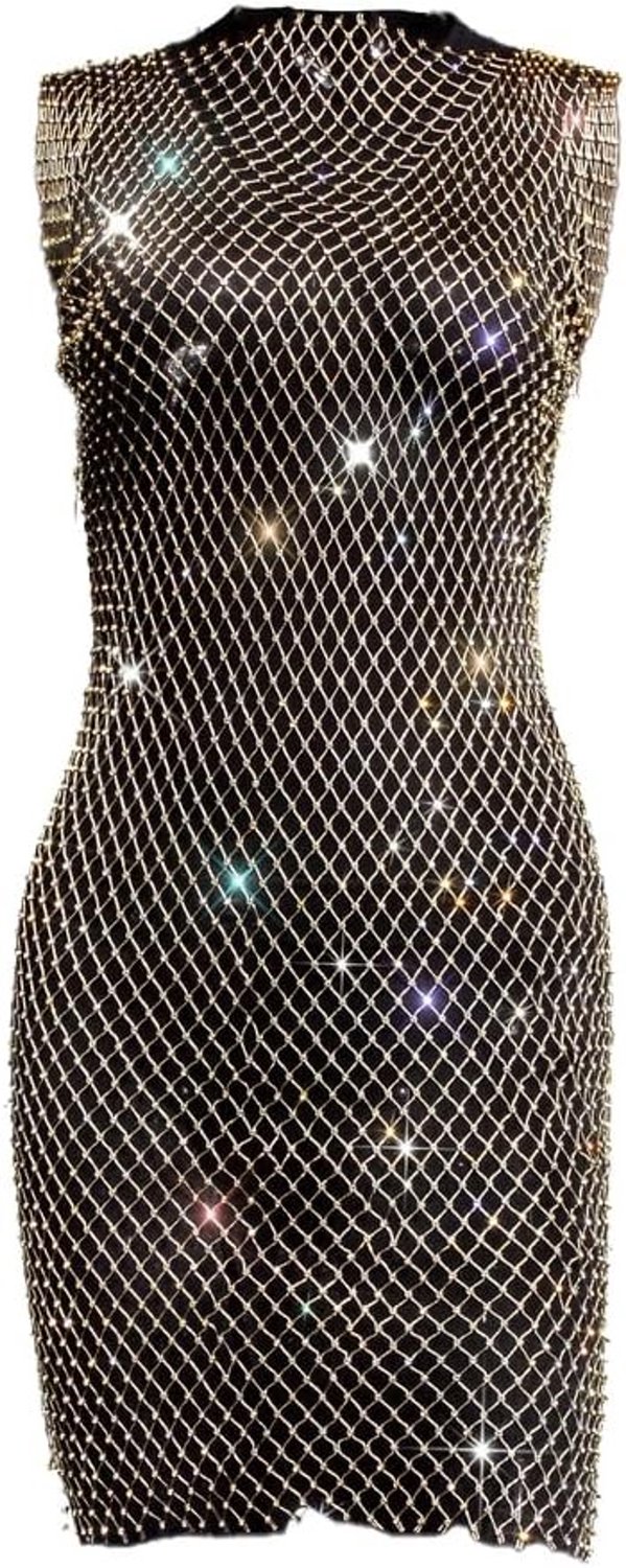Verleidelijke Transparante Mesh Jurk met Strass Steentjes voor Strand en Feest - Mouwloos, Glitter, Midi, Vissennet, Avondmode