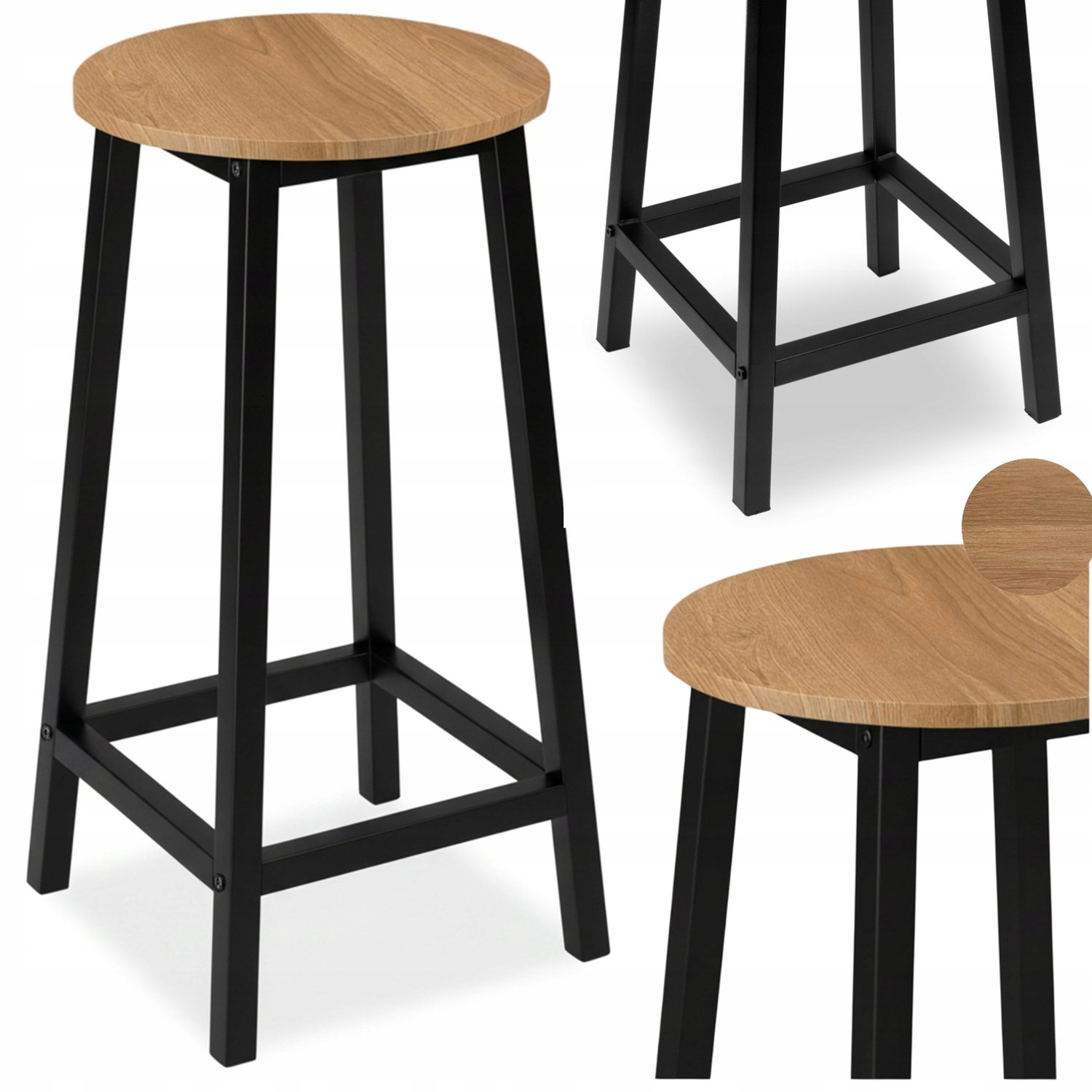 LoftInspired Hoge barkruk Flint | Industrieel design | Metaal & hout | 65cm Modern eiken / mat zwart