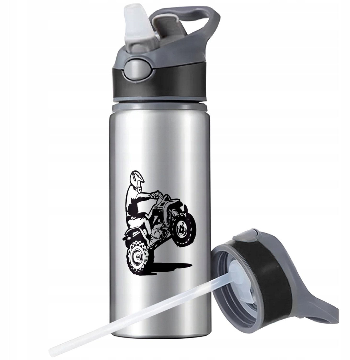 Aluminium Sport Bidon 650ml met Rietje en Handvat - Zilver
