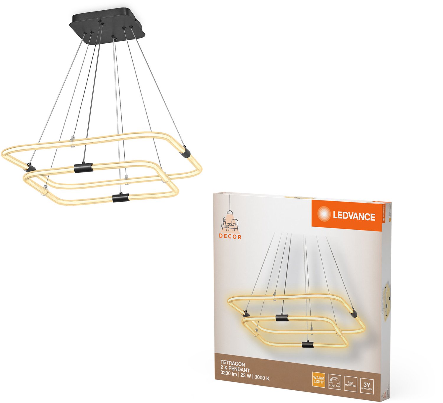 LEDVANCE Decor Tetragon, 2-lichts hanglamp van gebogen polycarbonaat met LED en filamentontwerp, 23 W, 2500 lm, 3000 K, 830 warm wit, click dimbaar, donkergrijs, kunststof (PC), IP20