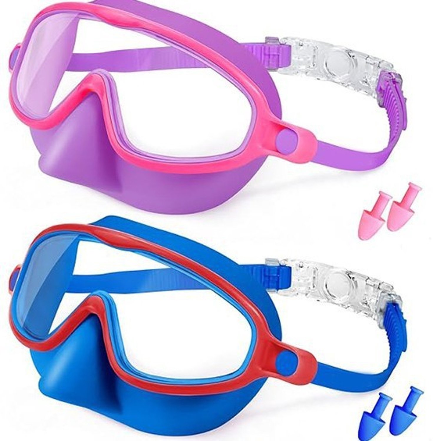 Zwembrillen, set van 2, breed gezichtsveld, anti-condens/UV-bescherming, lekvrij, met oordopjes - paars + blauw