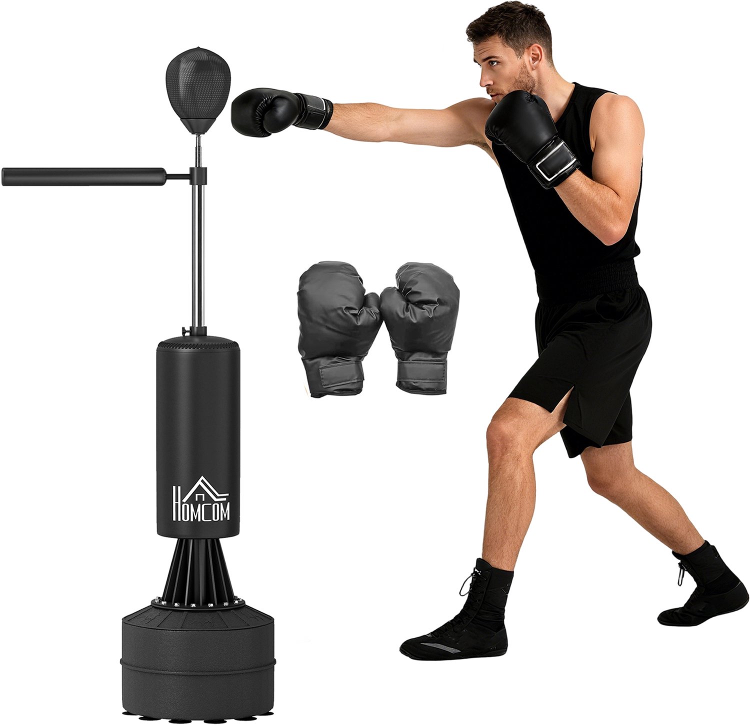 3-in-1 vrijstaande boks-punchingbag met speedball- flexibele draaiarm en verstelbare hoogte.