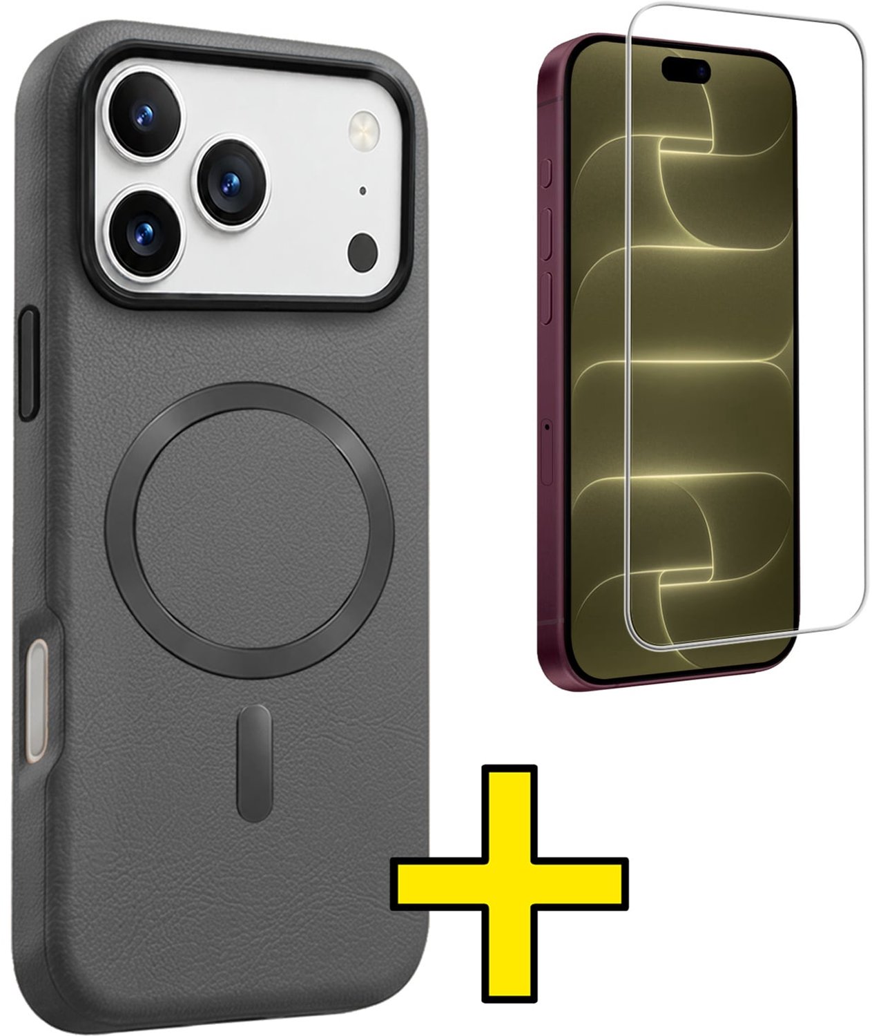 Hoesje - Met Screenprotector - Geschikt voor Apple iPhone 18 Pro - Magsafe Compatible - Leer Look - Sterk & Shockproof - Back Cover - Shock Proof Case - Telefoon Hoes - Telefoonhoesjes - Grijs